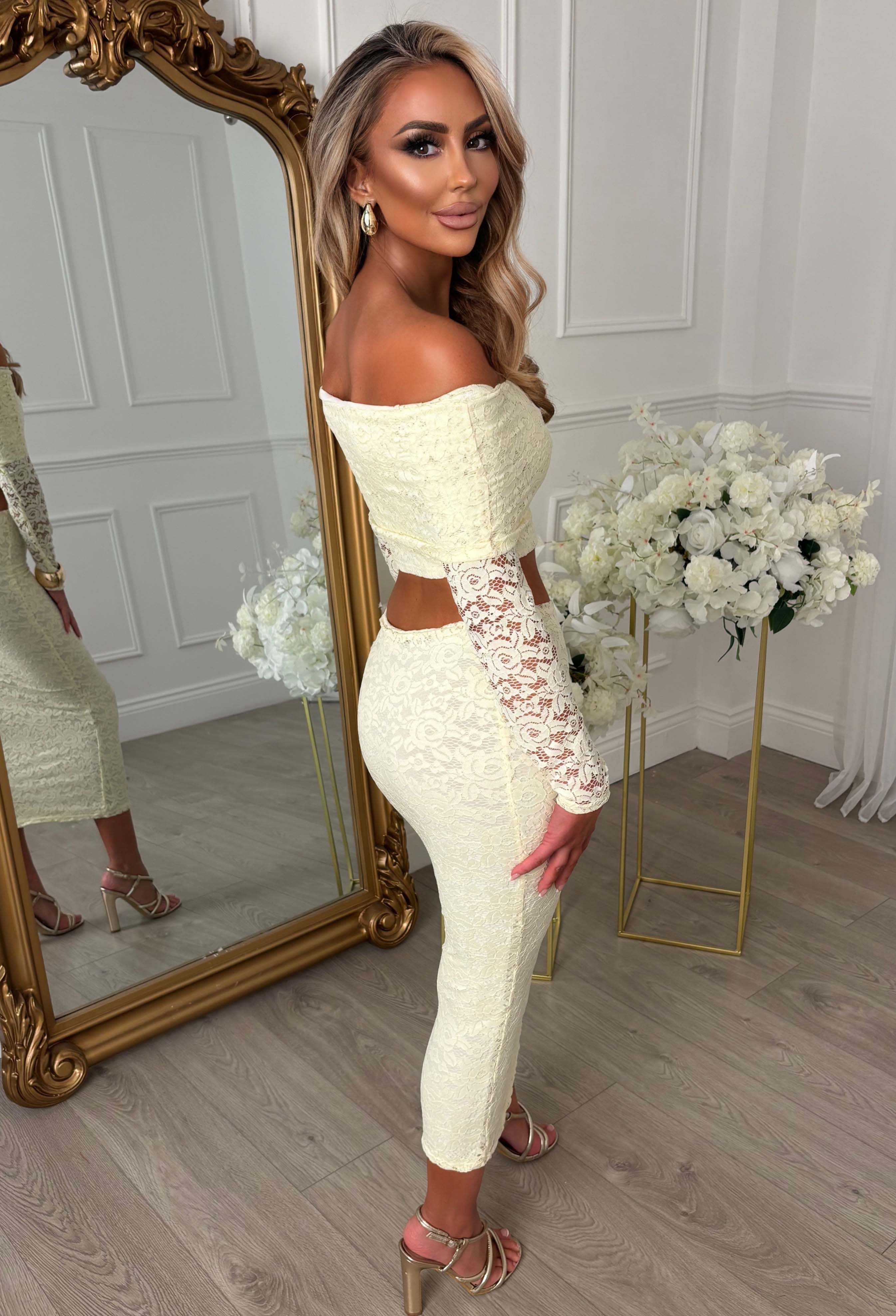 Baecation Beauty Lemon Lace Bardot Top & Midi Skirt Co-ord