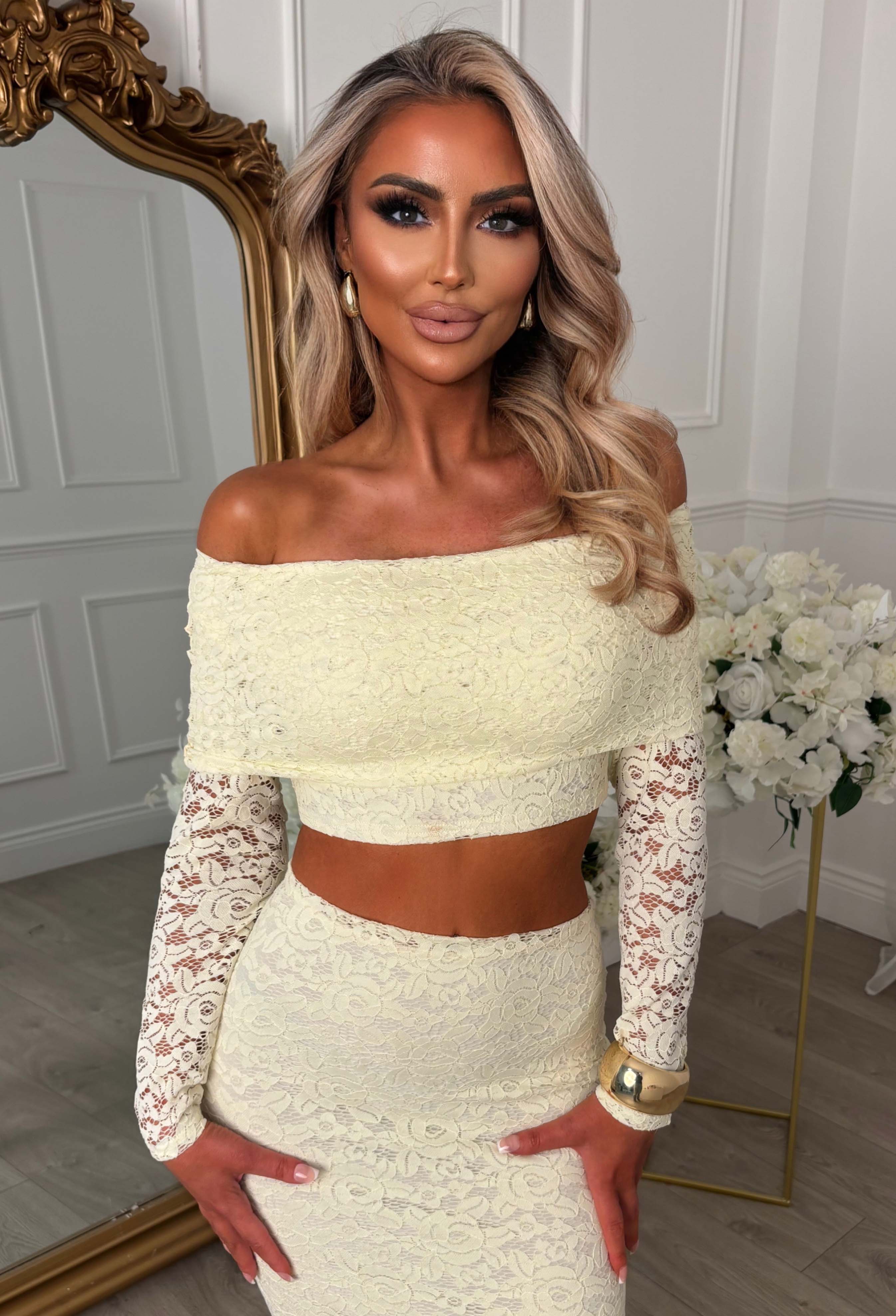 Baecation Beauty Lemon Lace Bardot Top & Midi Skirt Co-Ord Set