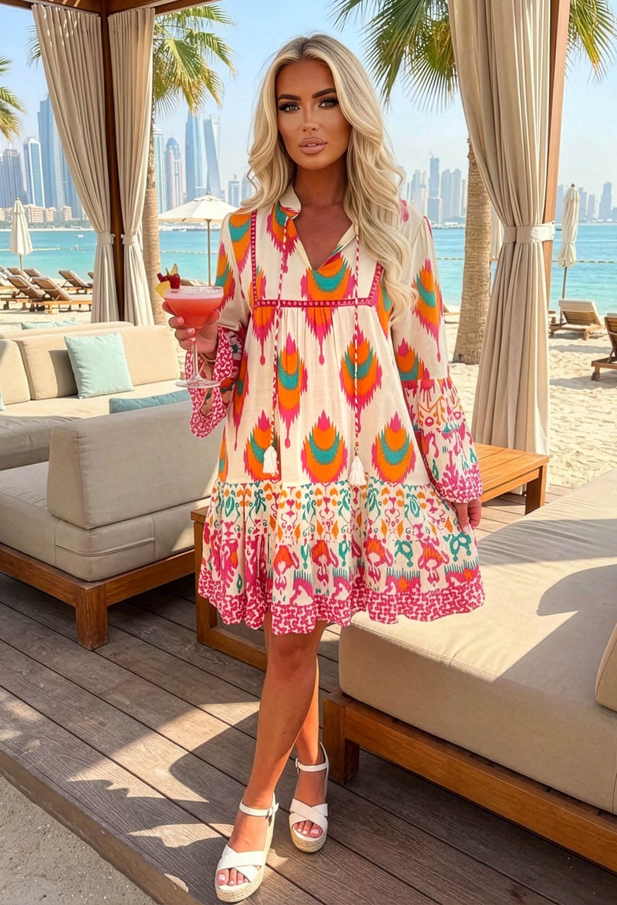 Bali Beauty Multi Shimmer Thread Tiered Printed Smock Dress