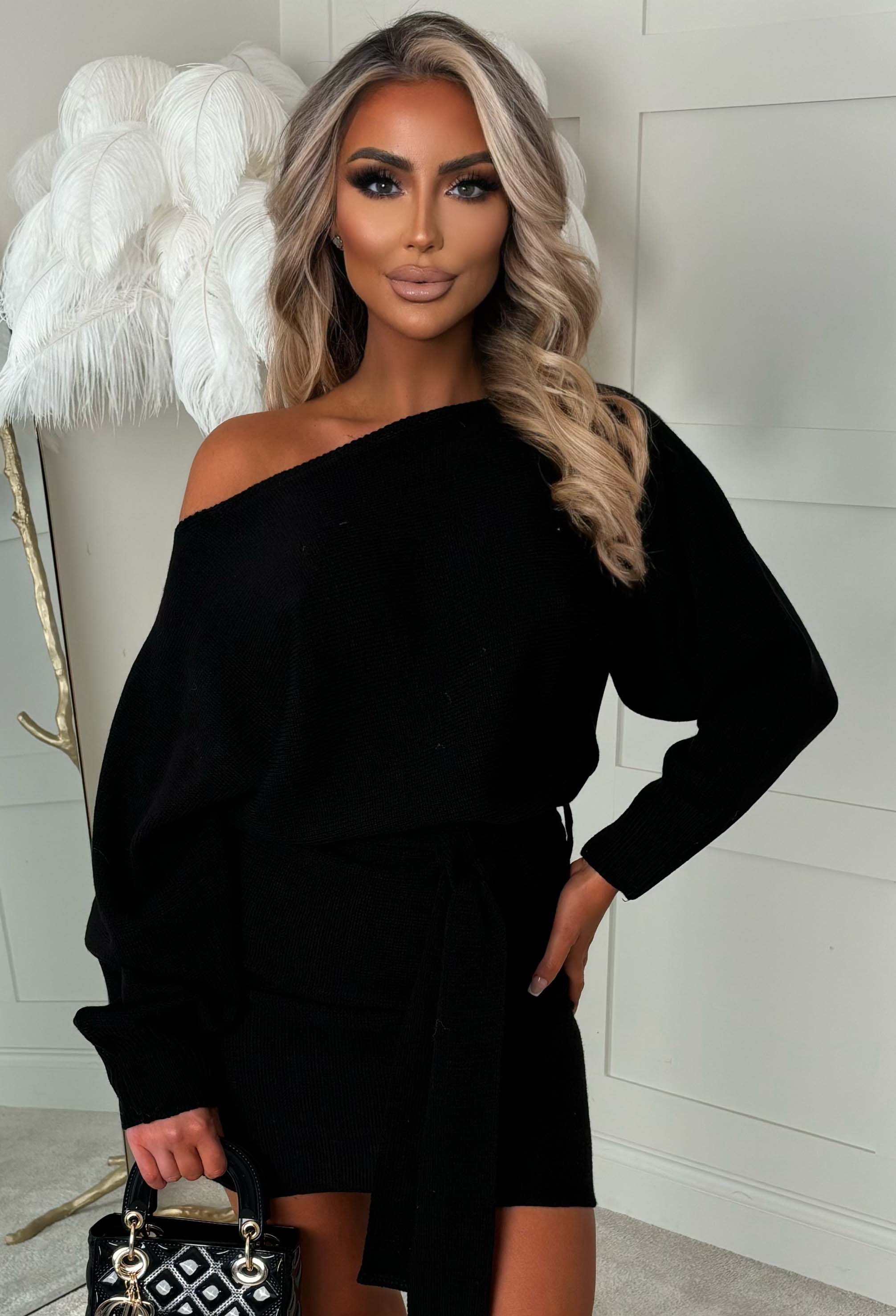 Barely There Black Ultra Soft Off The Shoulder Belted Knitted Mini Dress