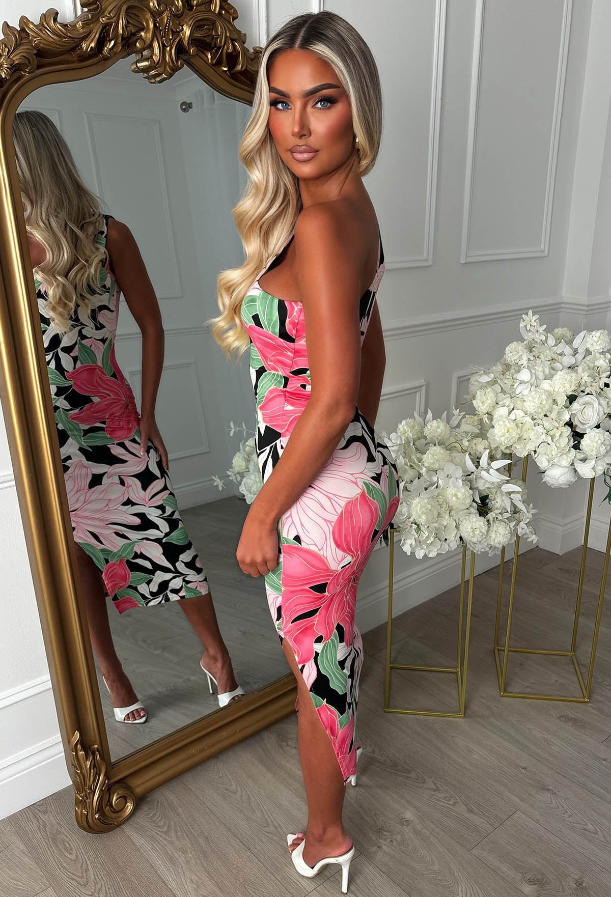 Multicolour One Shoulder Floral Print Midaxi Dress Full Length Back View