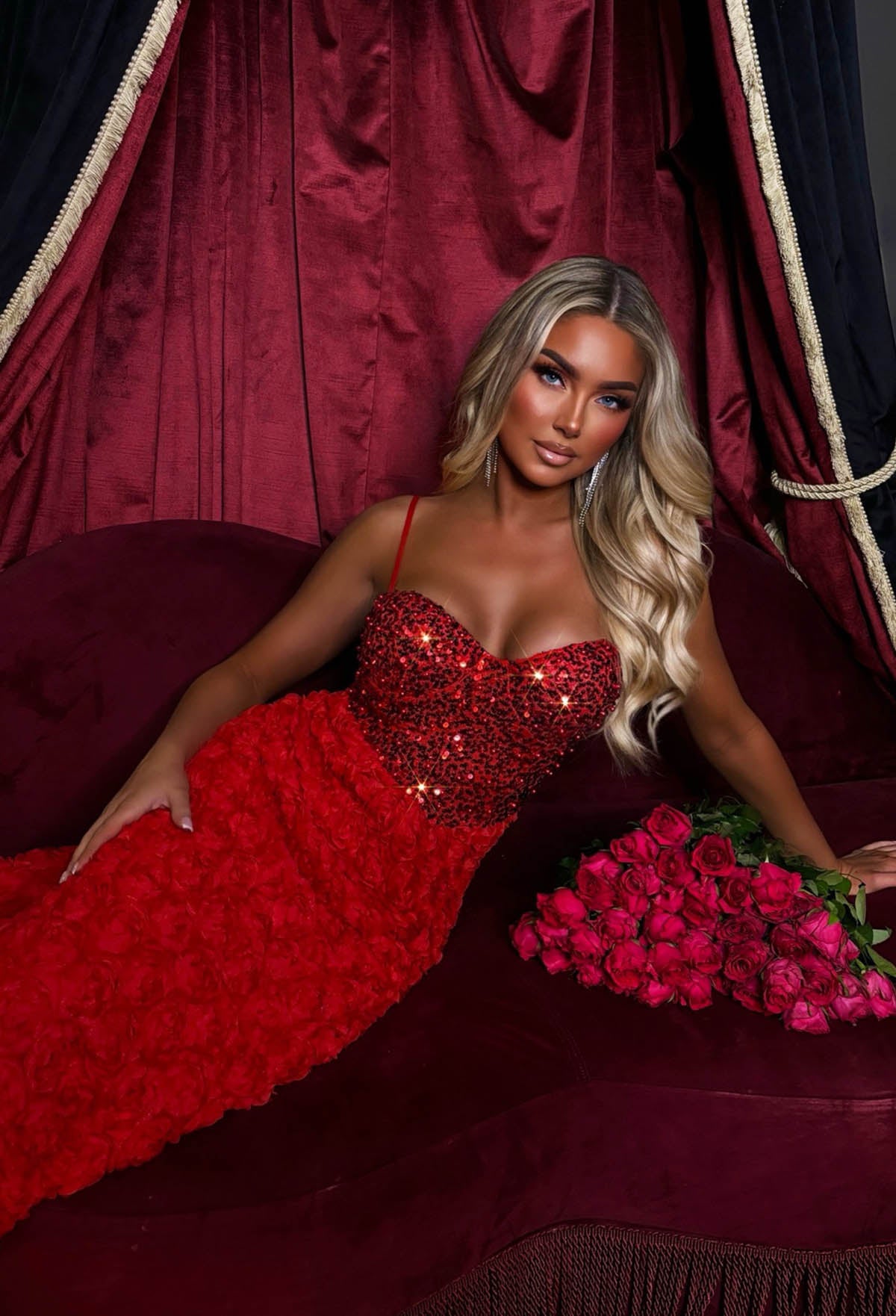 slim fit dress slacks Red Glitter Maxi Dress With Bow Detail