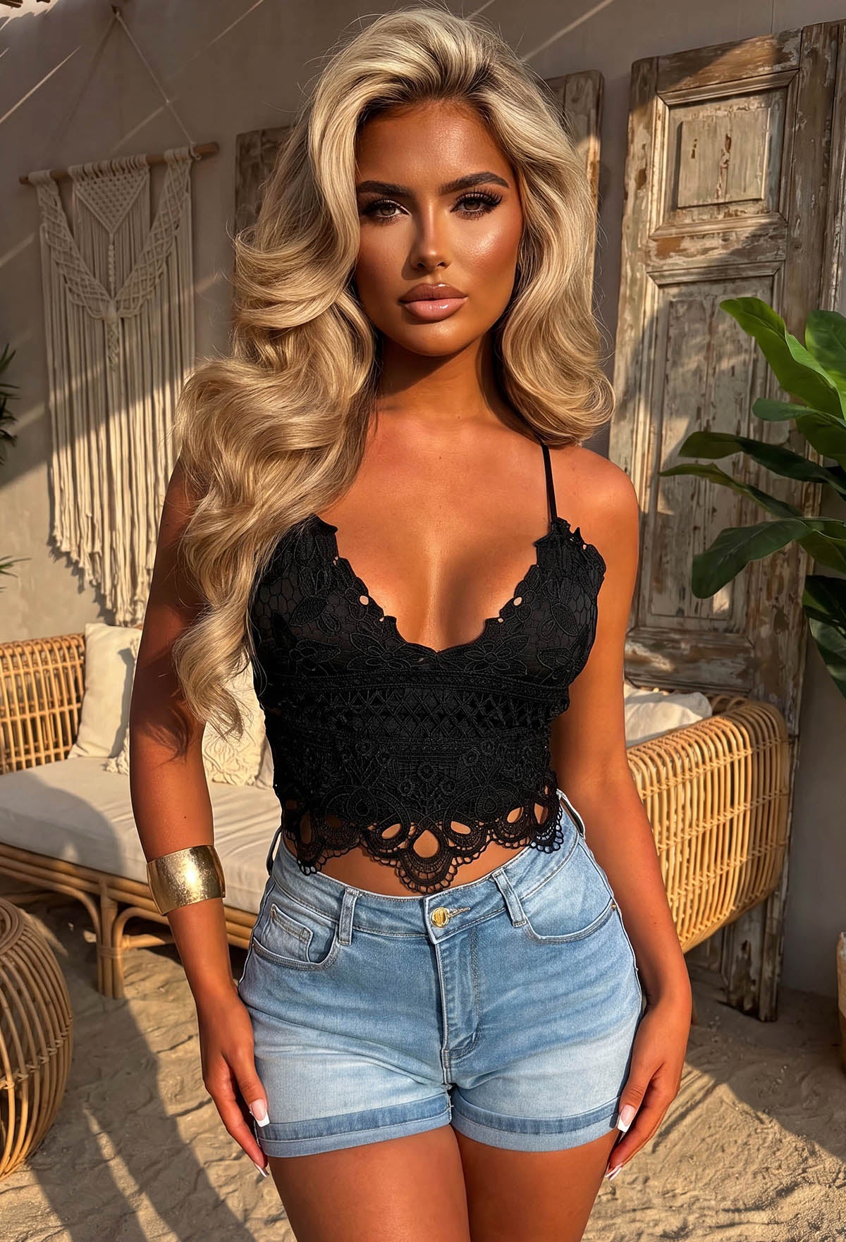 Black Crochet Bralette Model Beach Club 