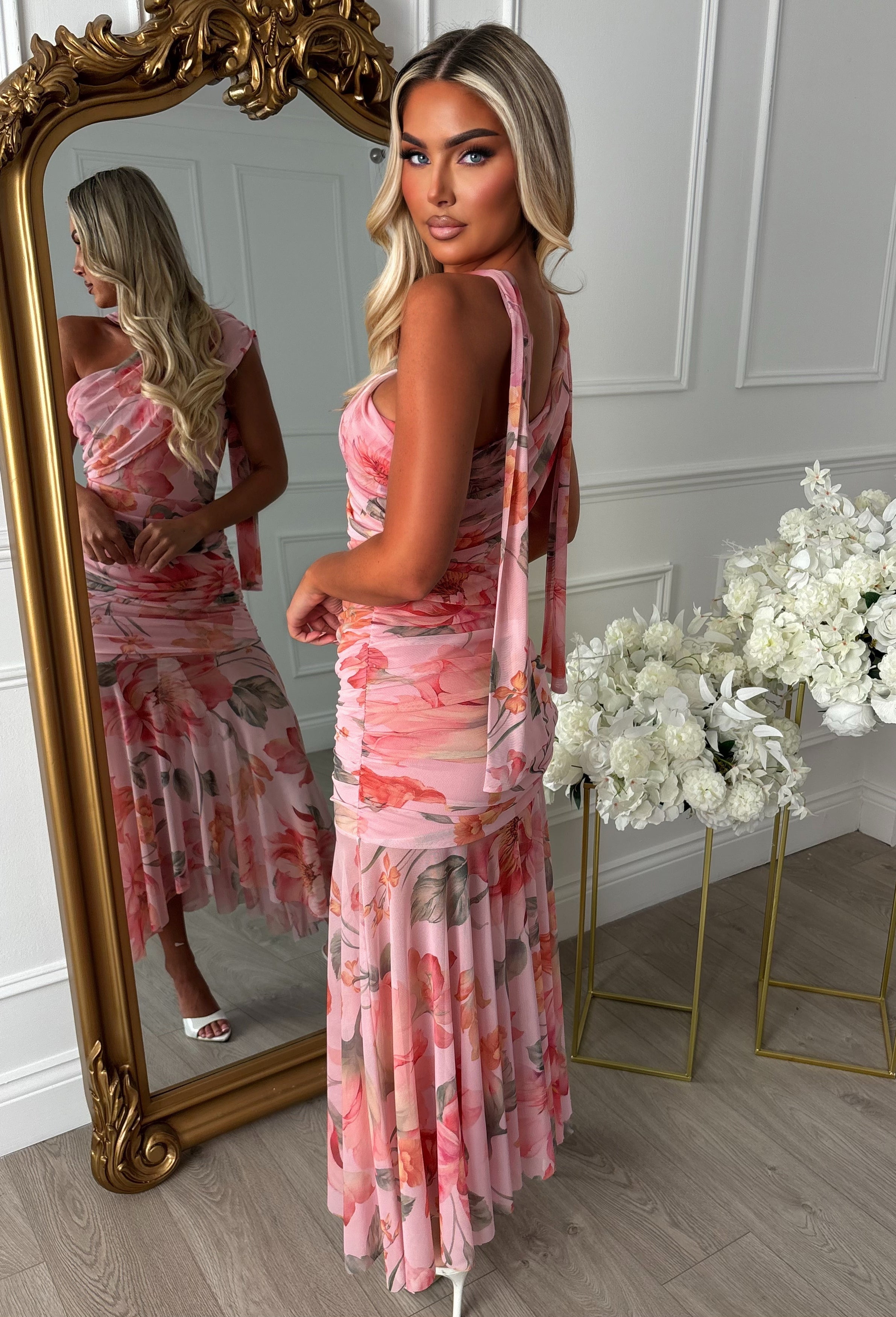 One Shoulder Pink Floral Ruched Mesh Panel Midi Dress With Neck Tie Full Length Back Shot