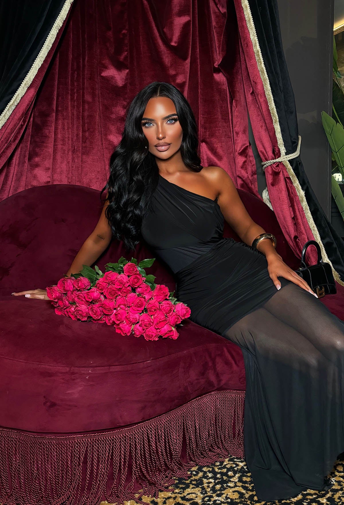 Bella Believe It Black Mesh Panel One Shoulder Midi Dress | Pink