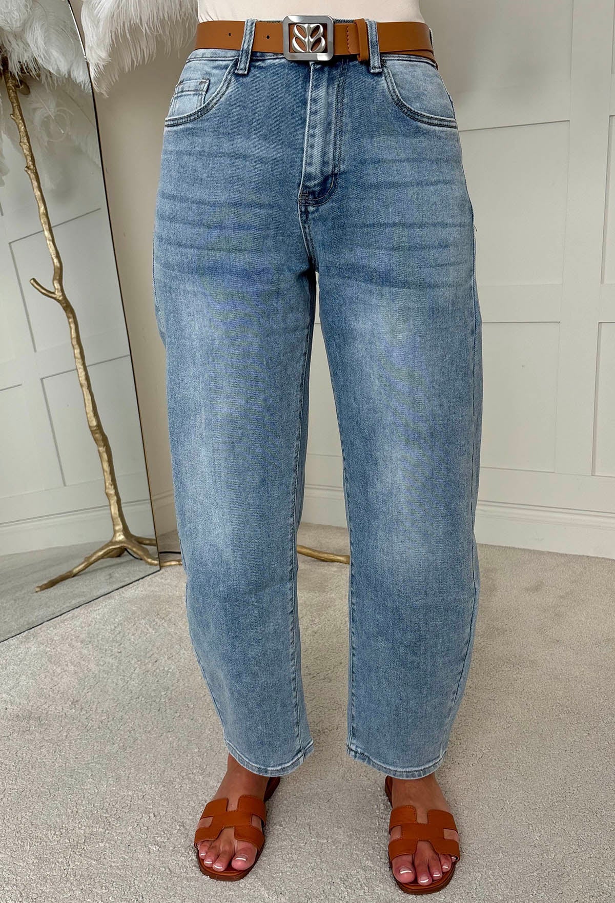 Betsy Light Wash Stretch Denim Belted Barrel Jeans