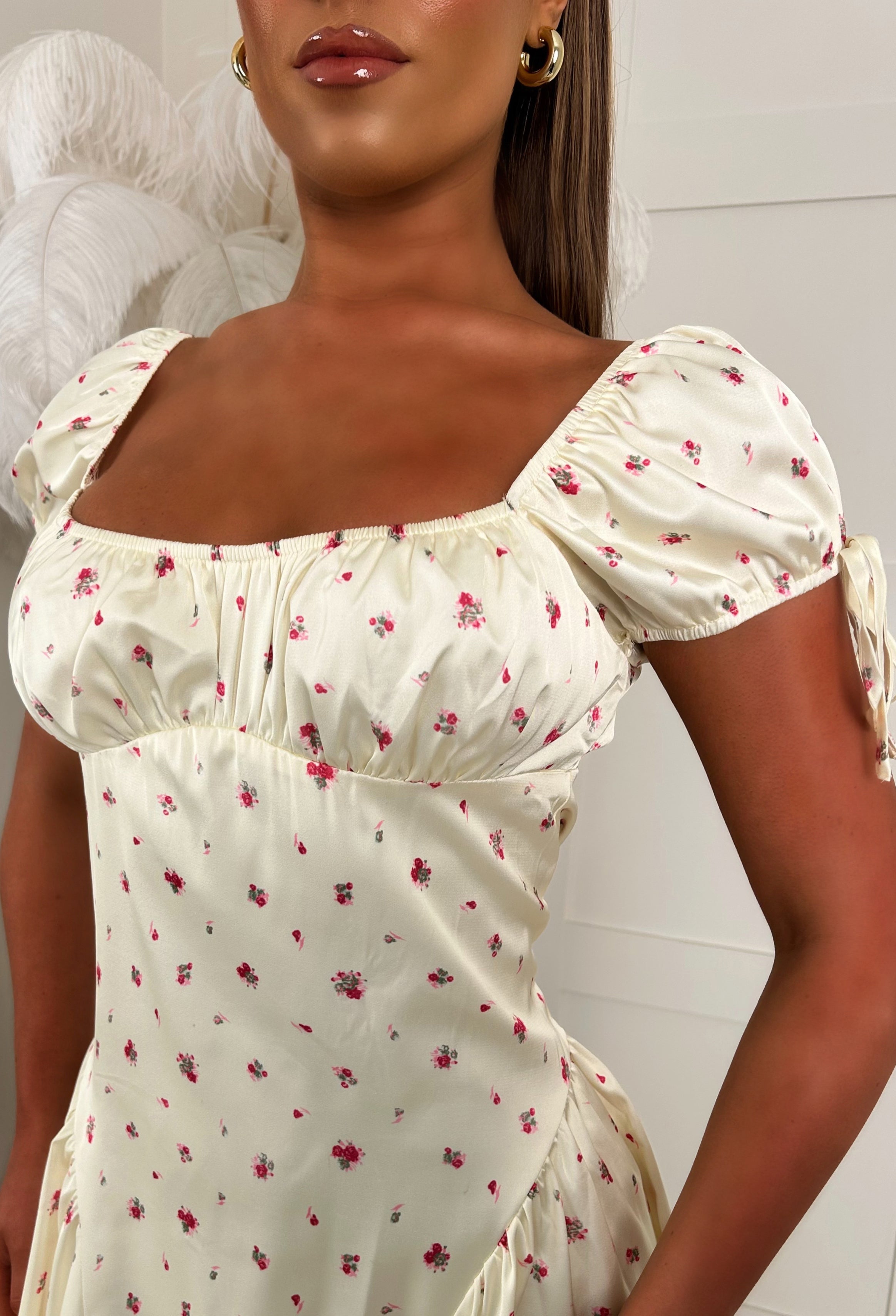 Blossom Babe Lemon Floral Print Mini Dress With Ruched Neckline