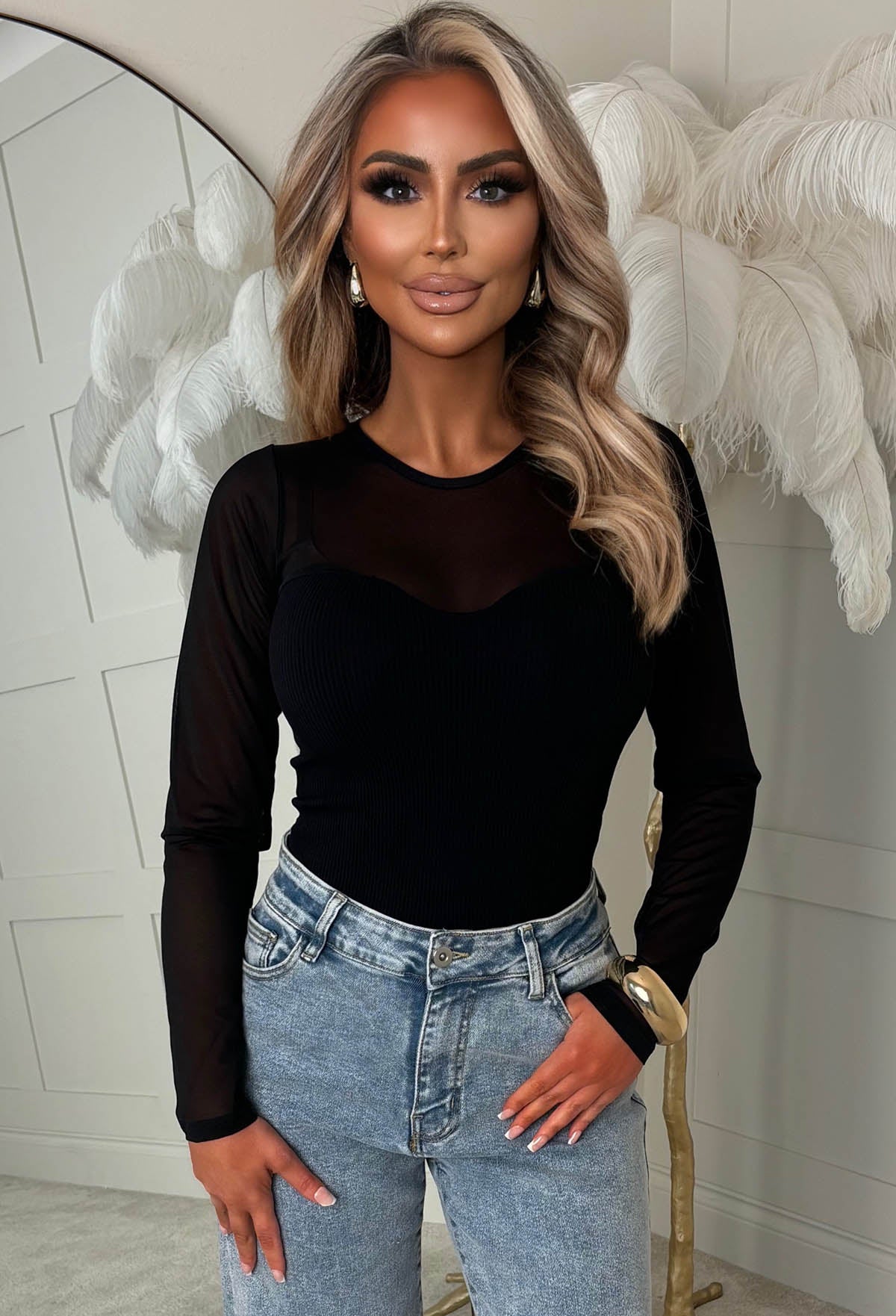 Blushful Chic Black Mesh Sweetheart Bodysuit