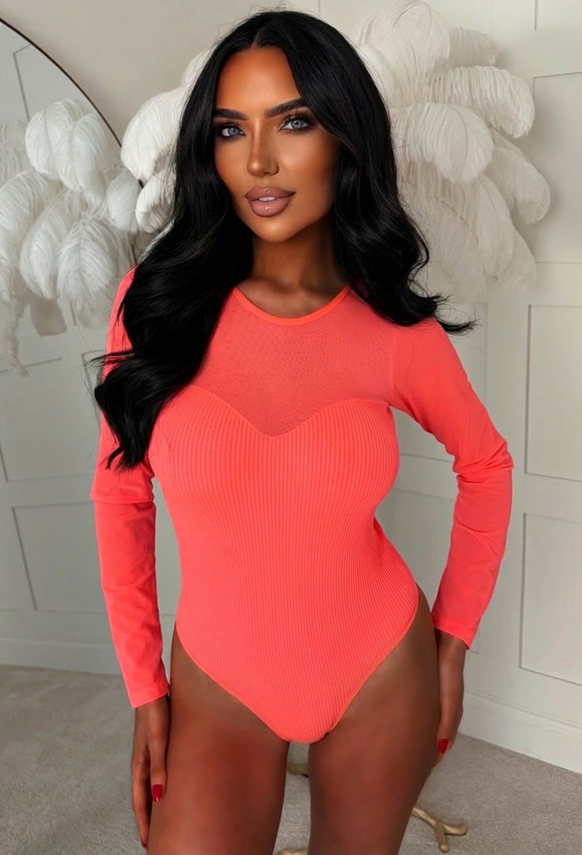 Blushful Chic Coral Mesh Sweetheart Bodysuit