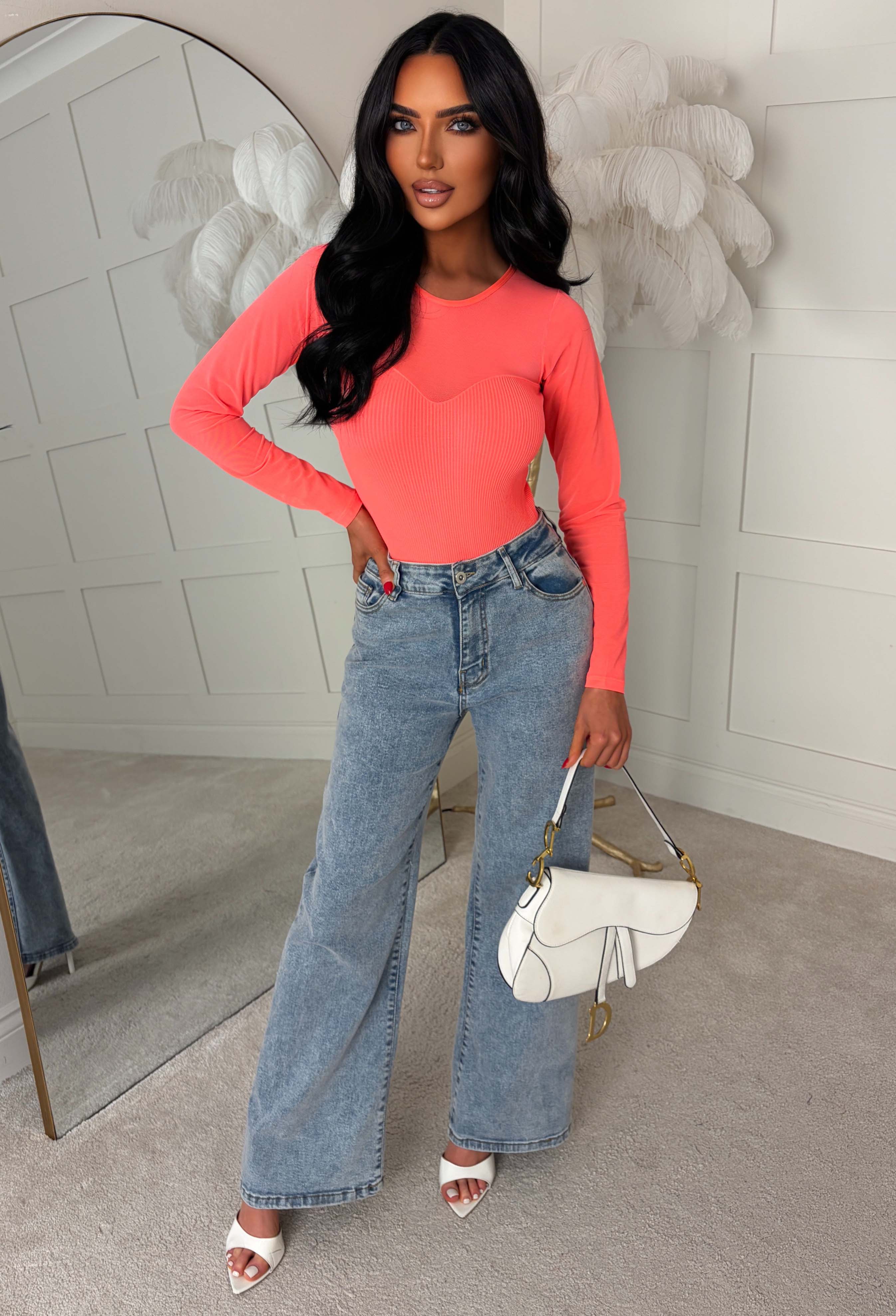 Blushful Chic Coral Mesh Sweetheart Bodysuit