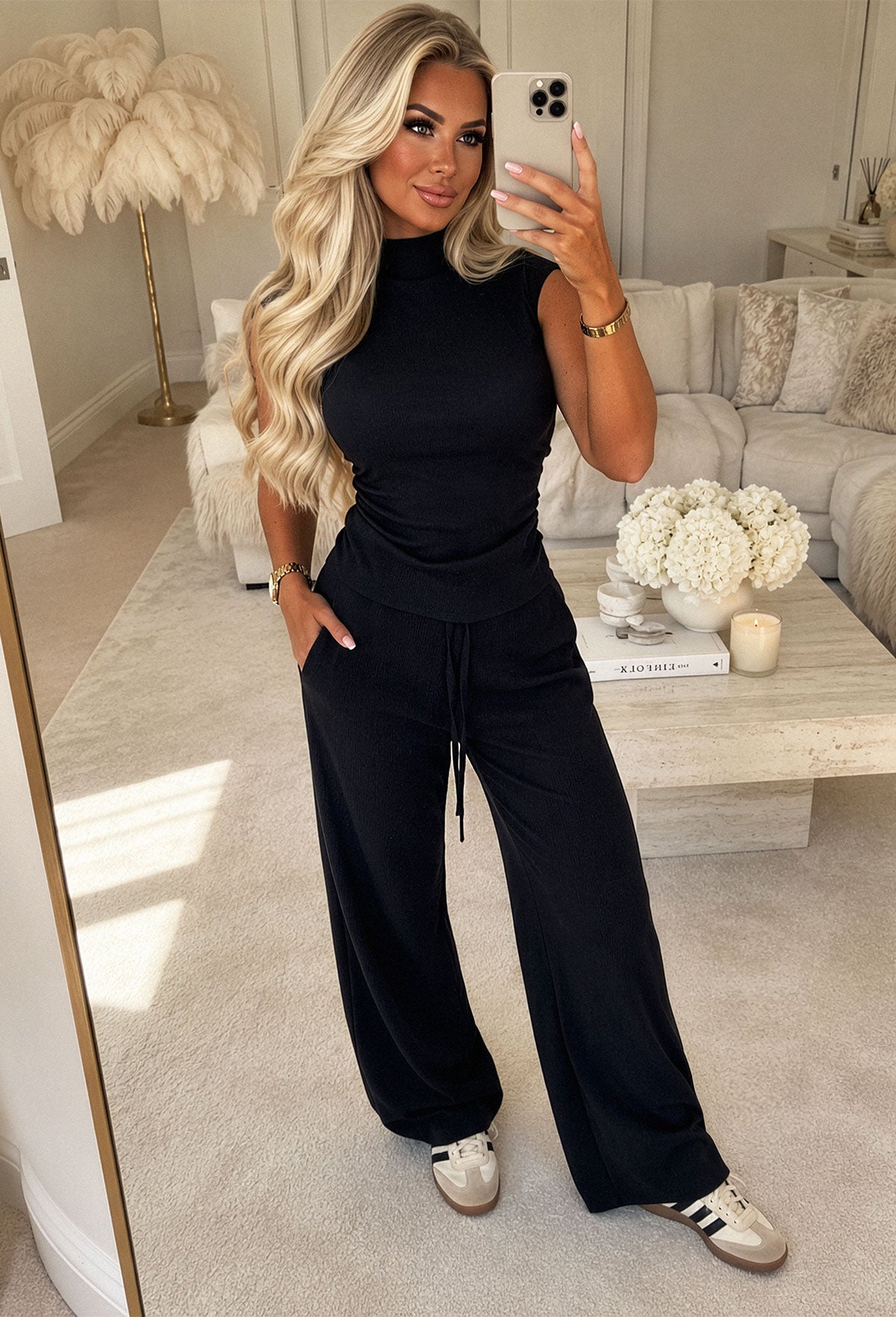 Black Basic Crinkle Lounge Co-Ord Set