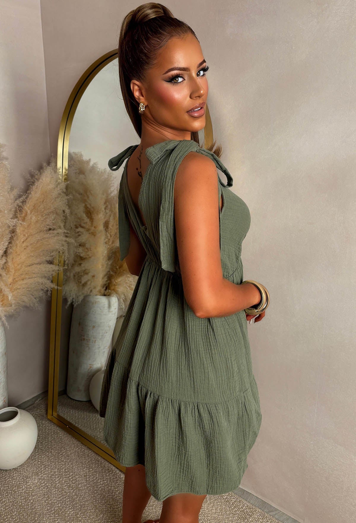 Khaki Tie Shoulder Tiered Mini Day Dress Close Up Back View