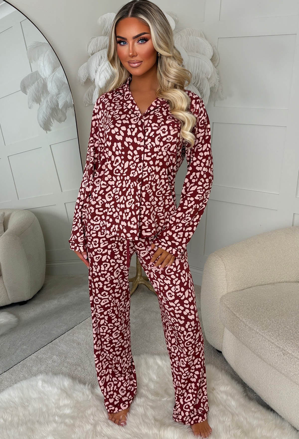 Boss Babe Boudoir Wine Leopard Long Sleeve Button Down Pyjama Set