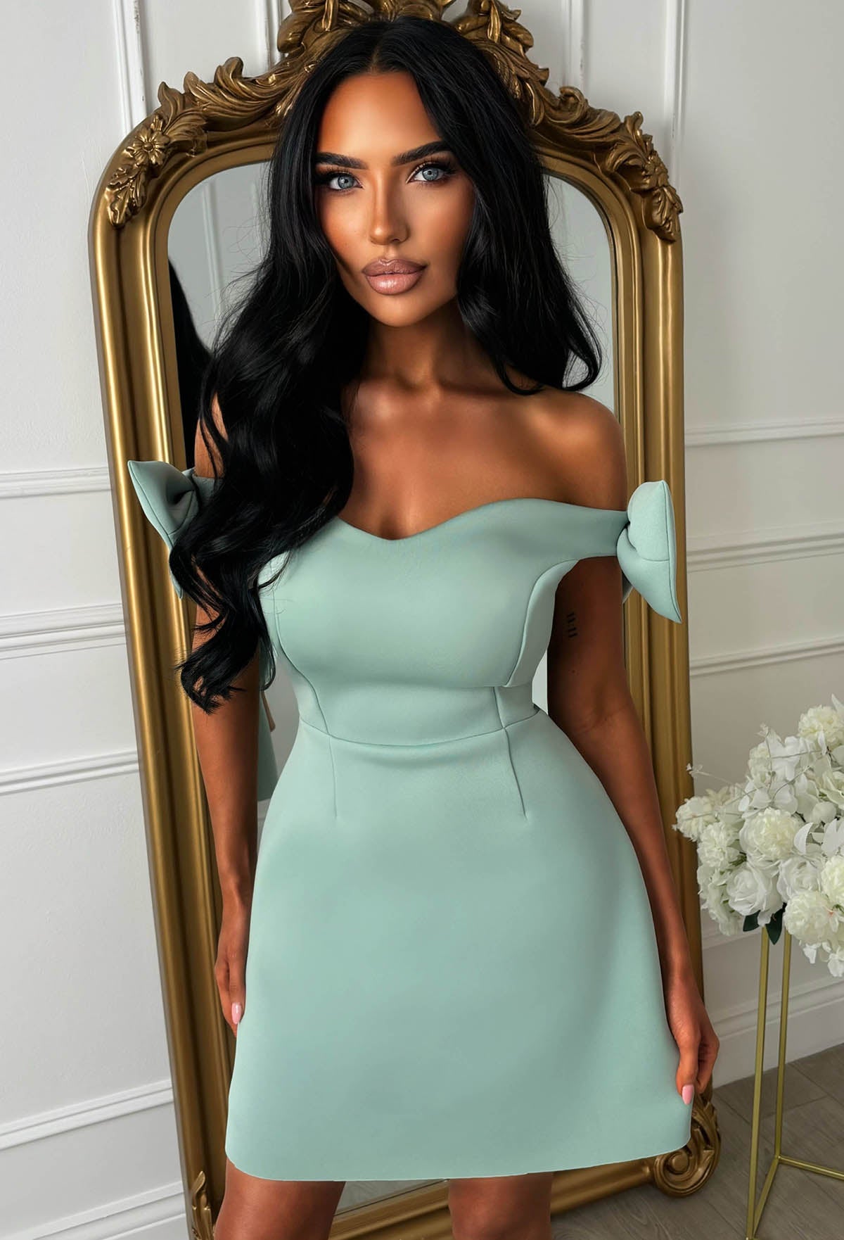 Bowed In Love Sage Bow Sleeve Mini Dress