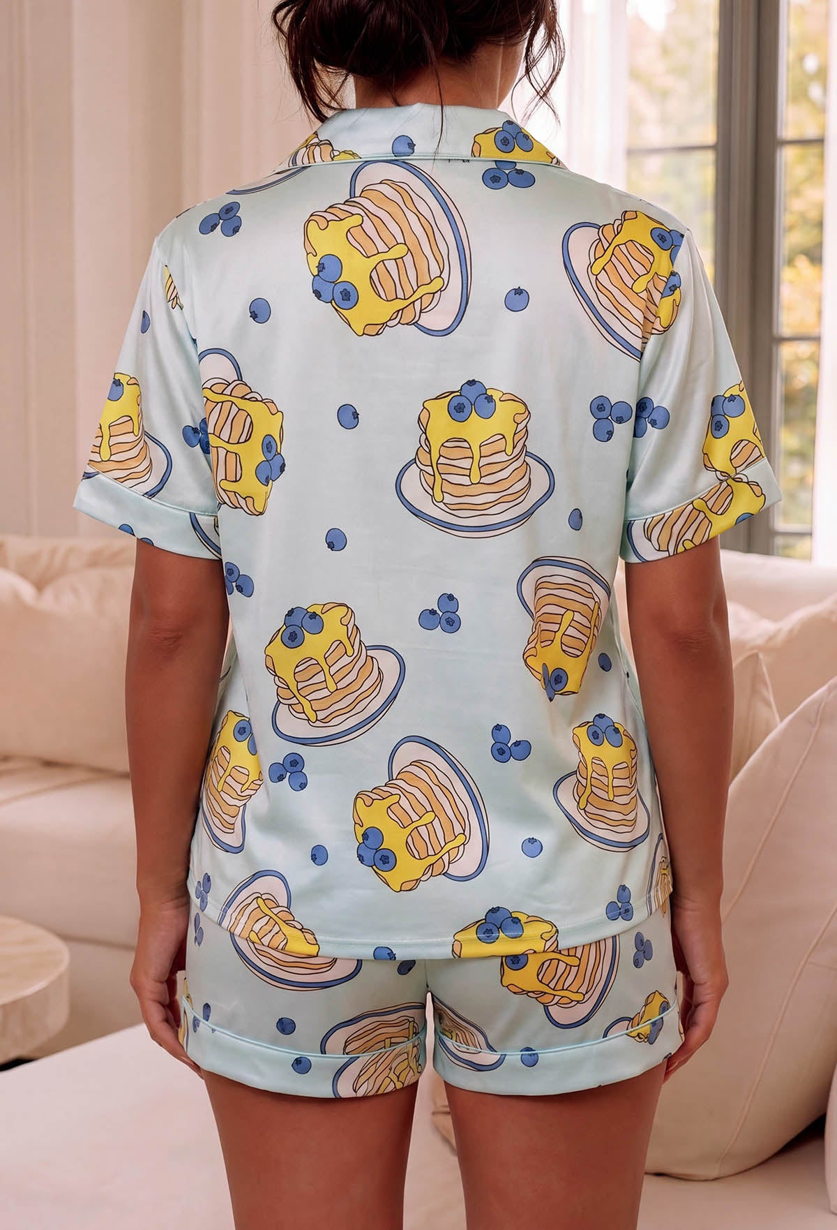 Blue Blueberry Pancake Print Short Sleeve Pyjama Set Close Up Detail Back View 