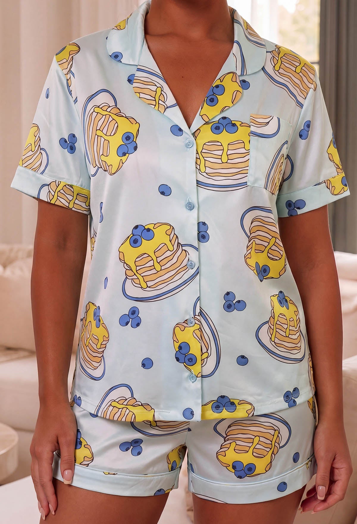 Blue Blueberry Pancake Print Short Sleeve Pyjama Set Close Up Detail Front View 