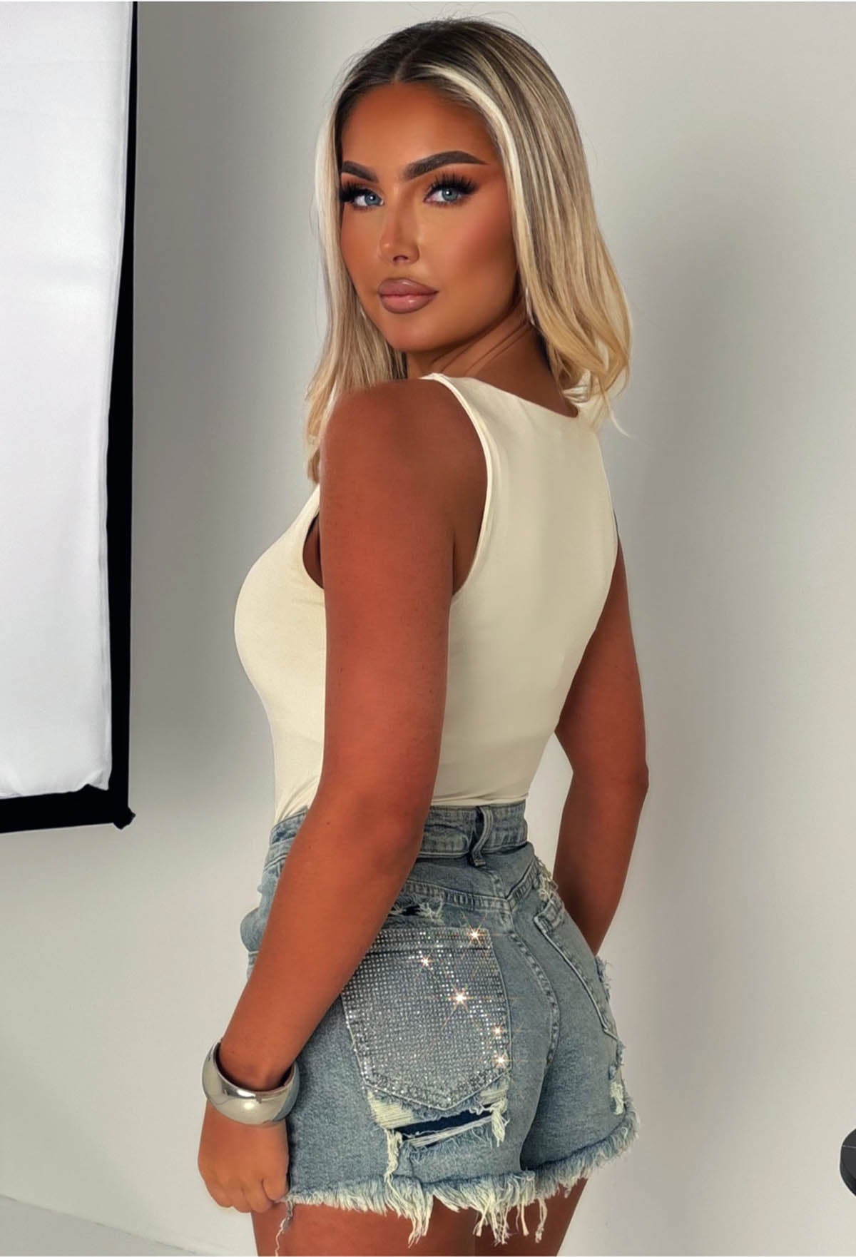 Bring On The Drama Mid Blue Ripped Denim Hot Fix Shorts