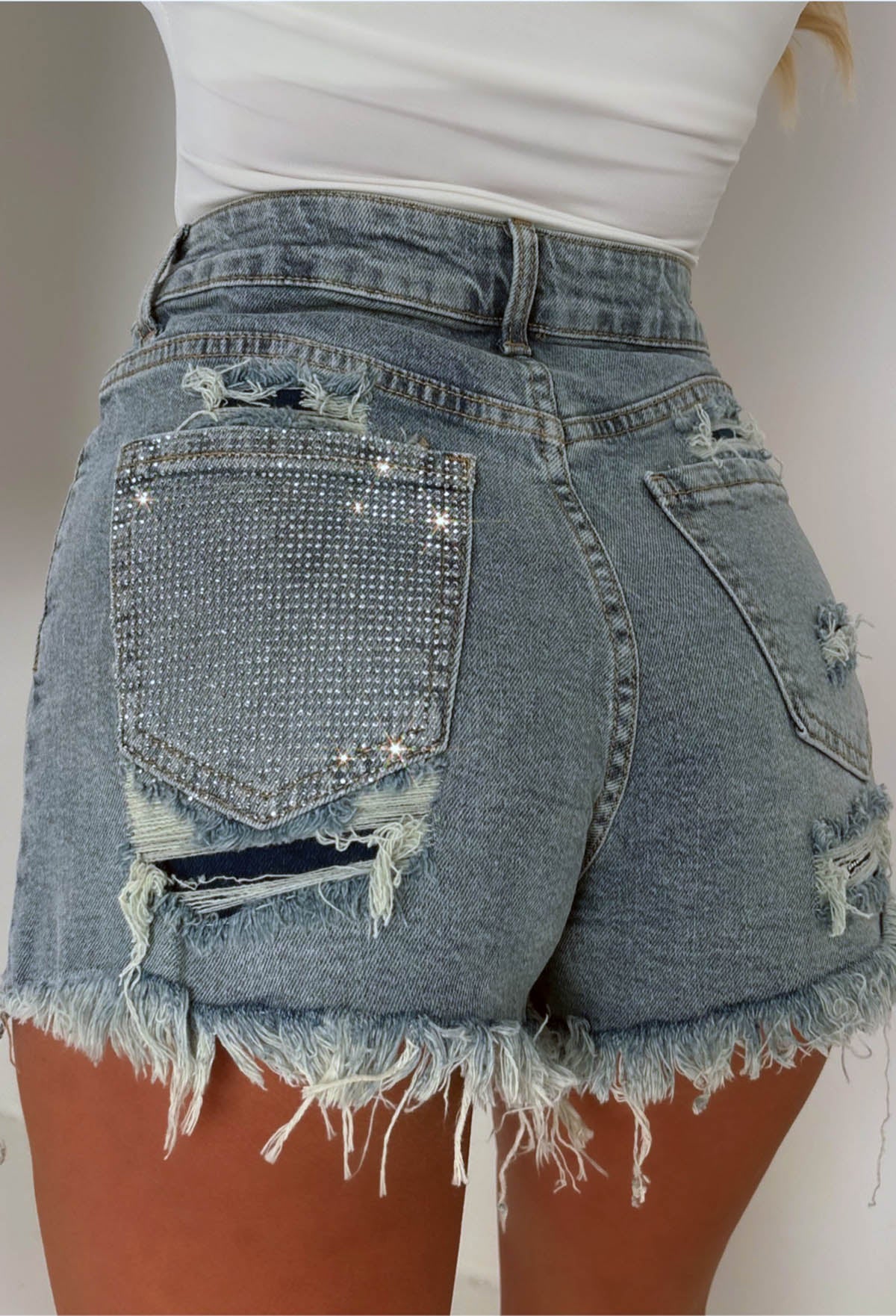 Bring On The Drama Mid Blue Ripped Denim Hot Fix Shorts