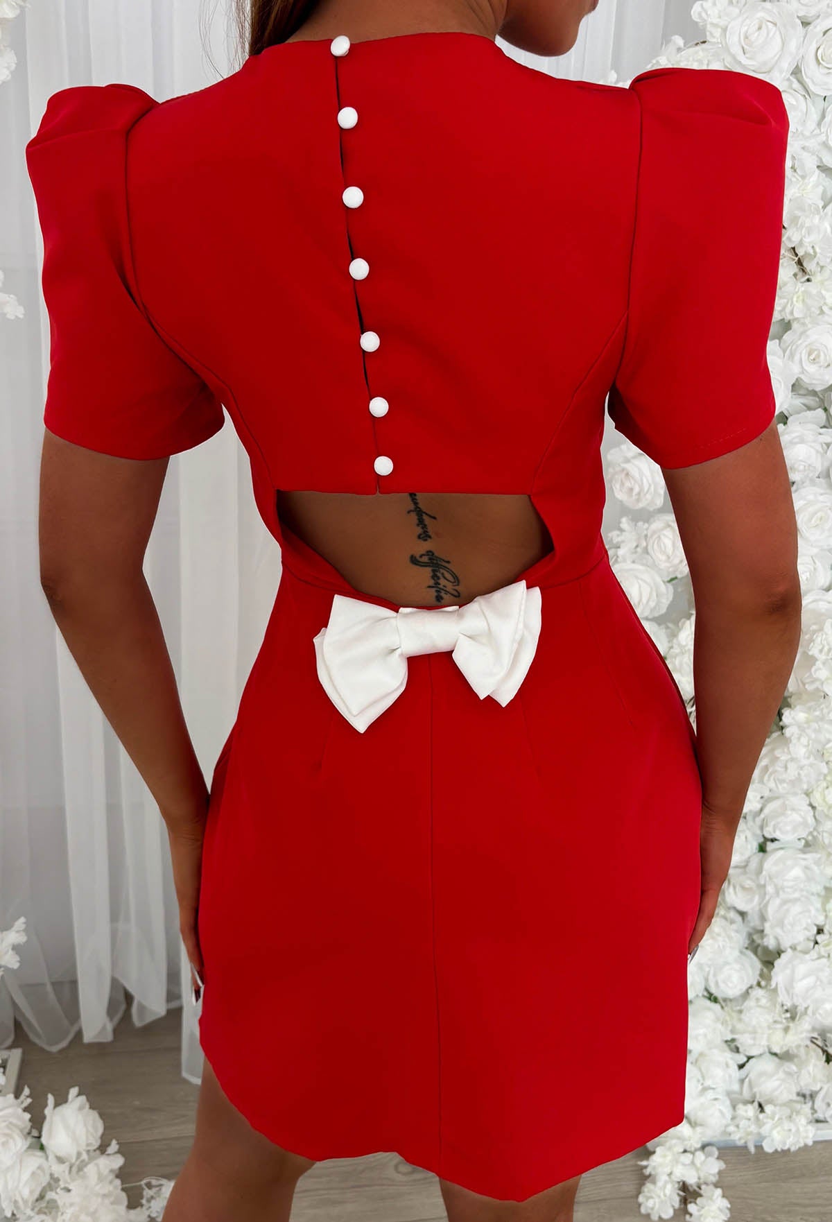 Buttoned Beauty Red Bow Back Mini Dress