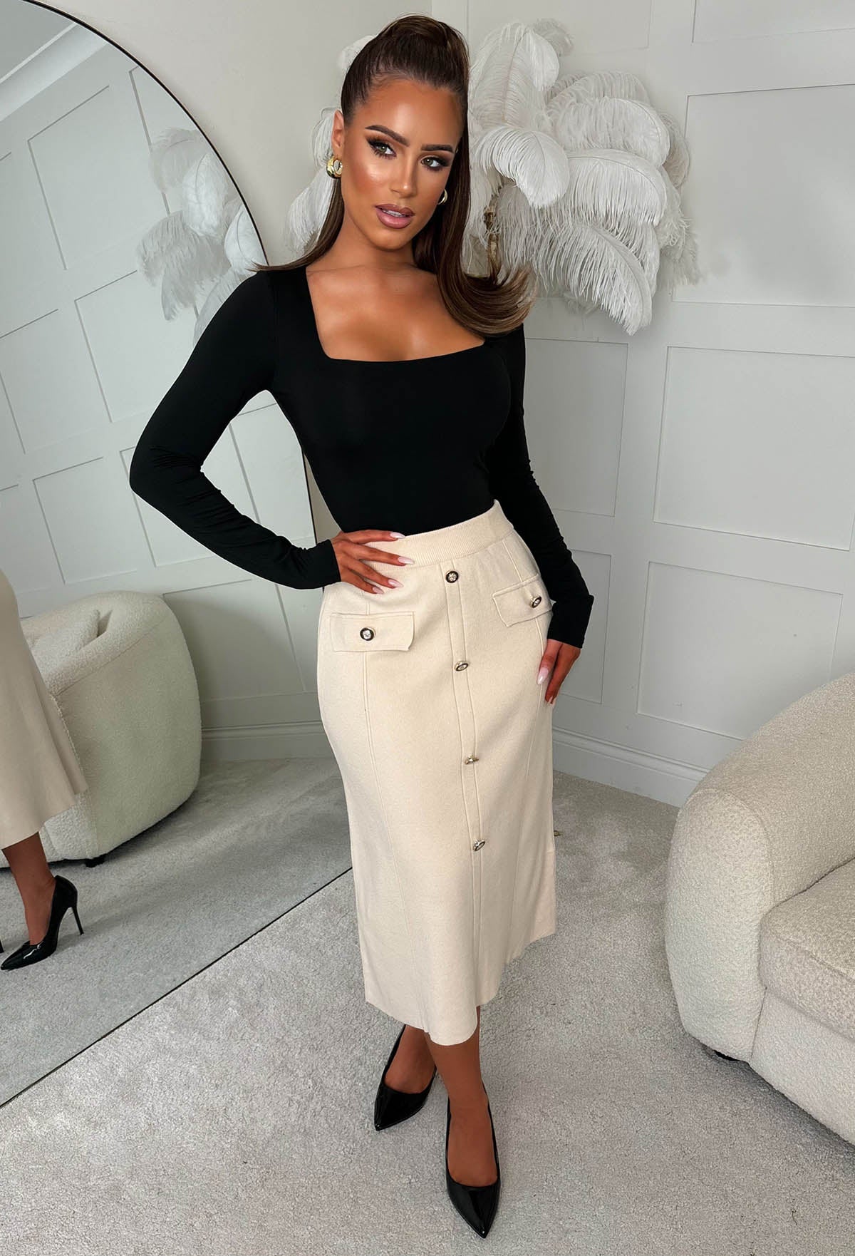 Buttoned Darling Beige Gold Button Detail Knitted Midi Skirt