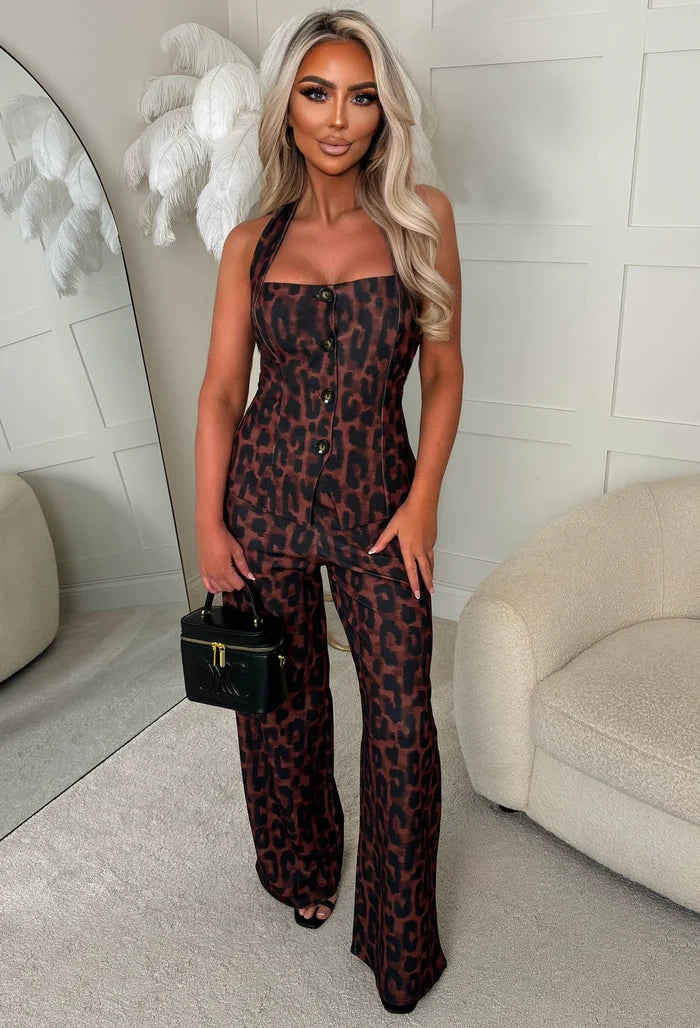 Can't Tame Her Brown Leopard Print Waistcoat & Trousers Set