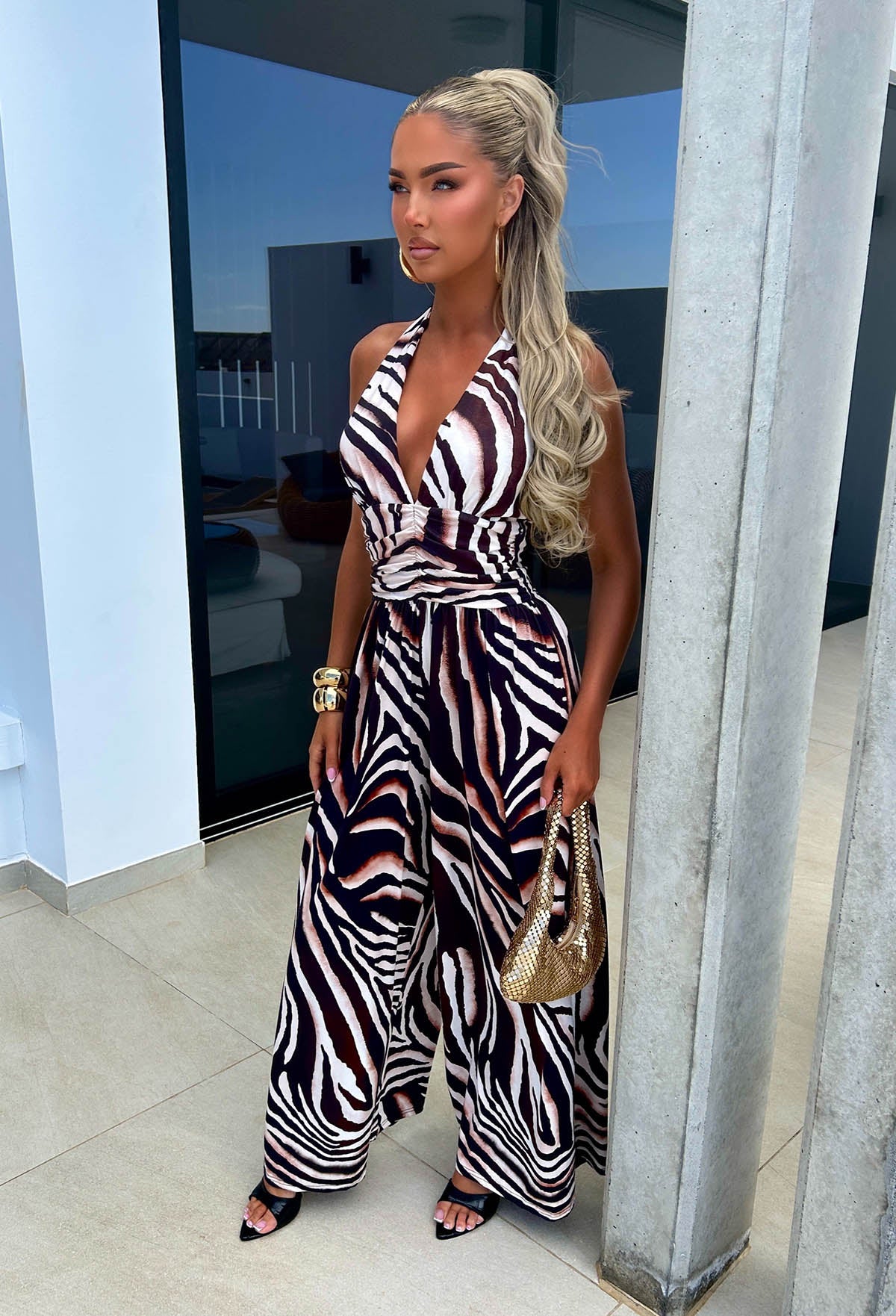 Catwalk Energy Brown Animal Print Halter Jumpsuit