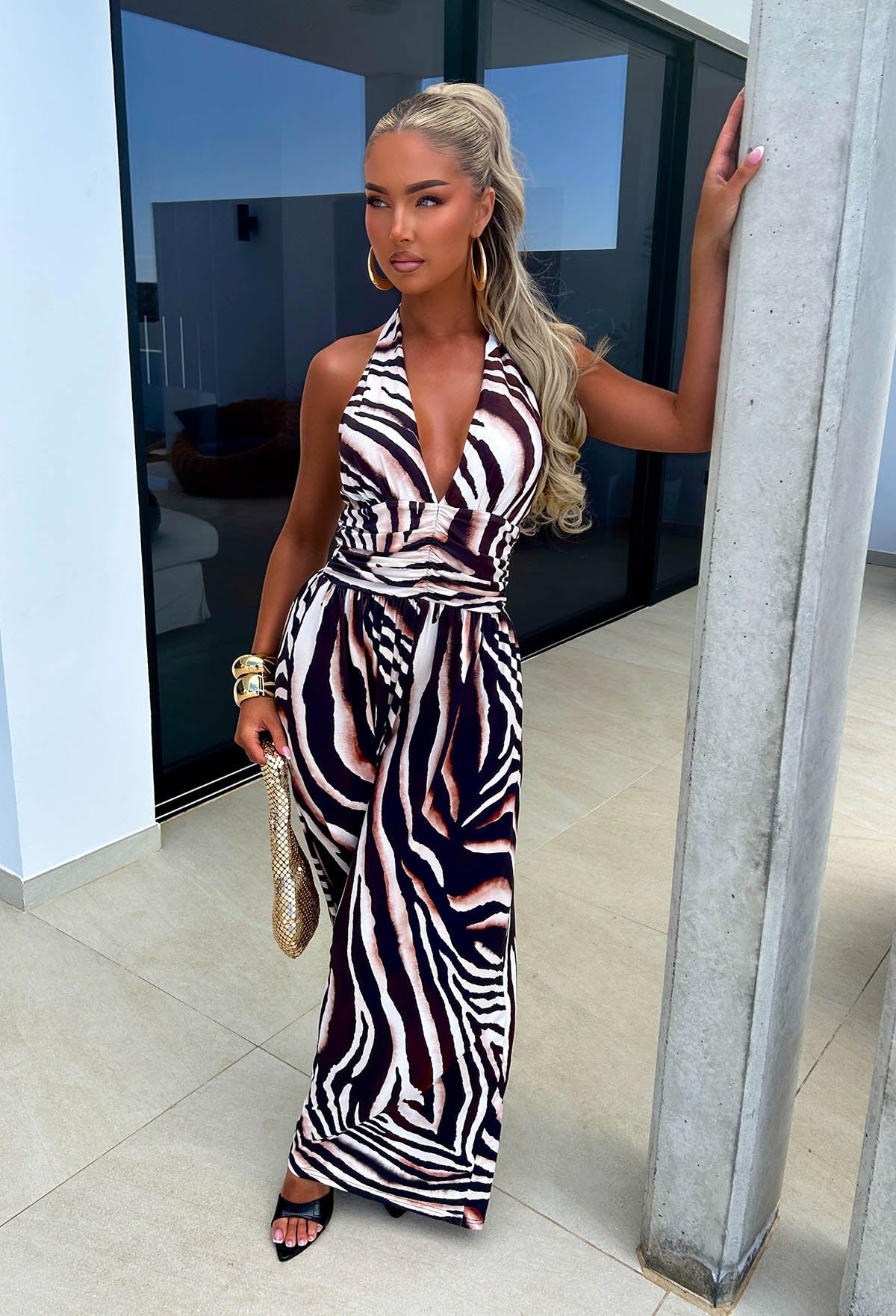 Catwalk Energy Brown Animal Print Halter Jumpsuit