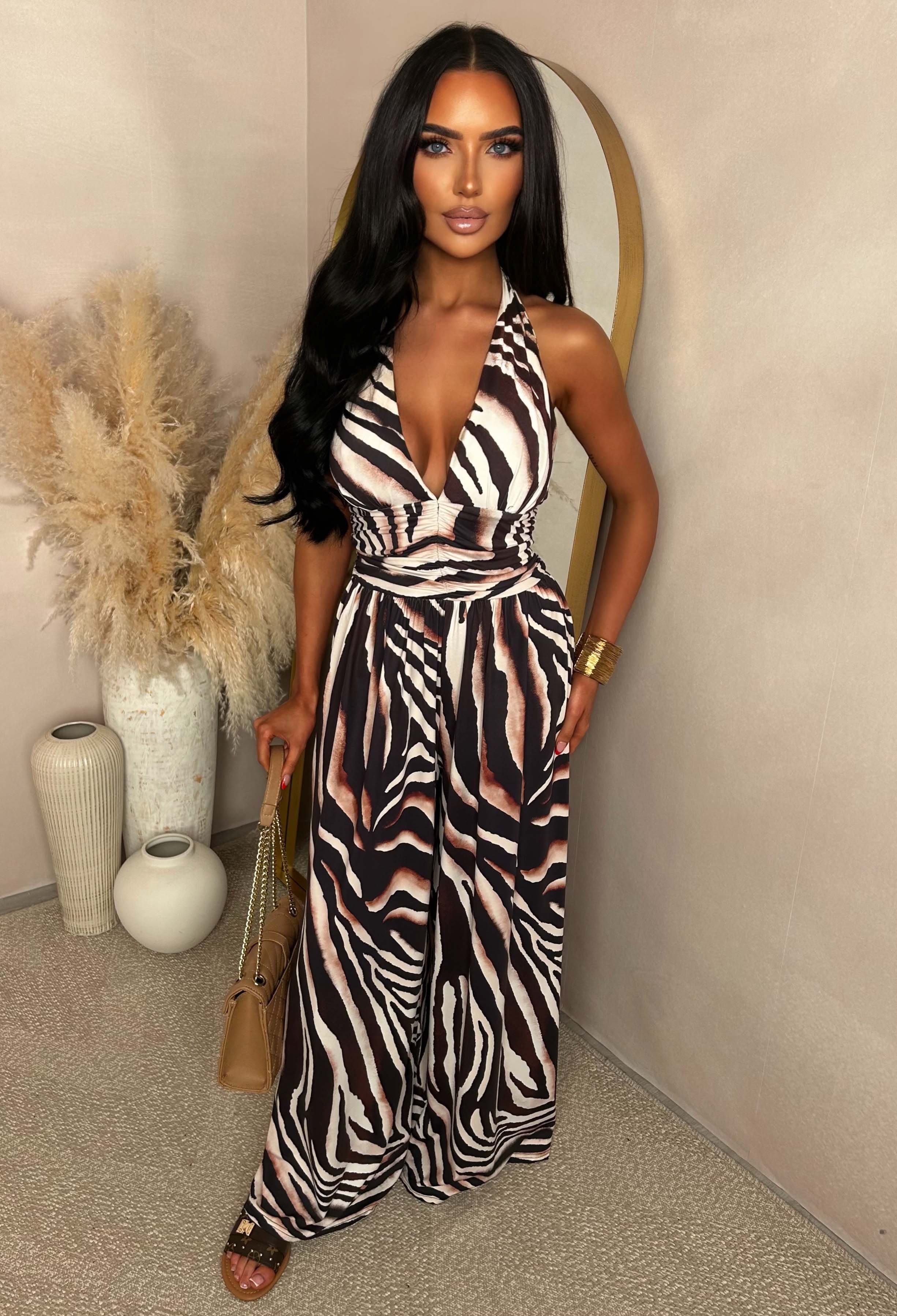 Catwalk Energy Brown Animal Print Halter Jumpsuit