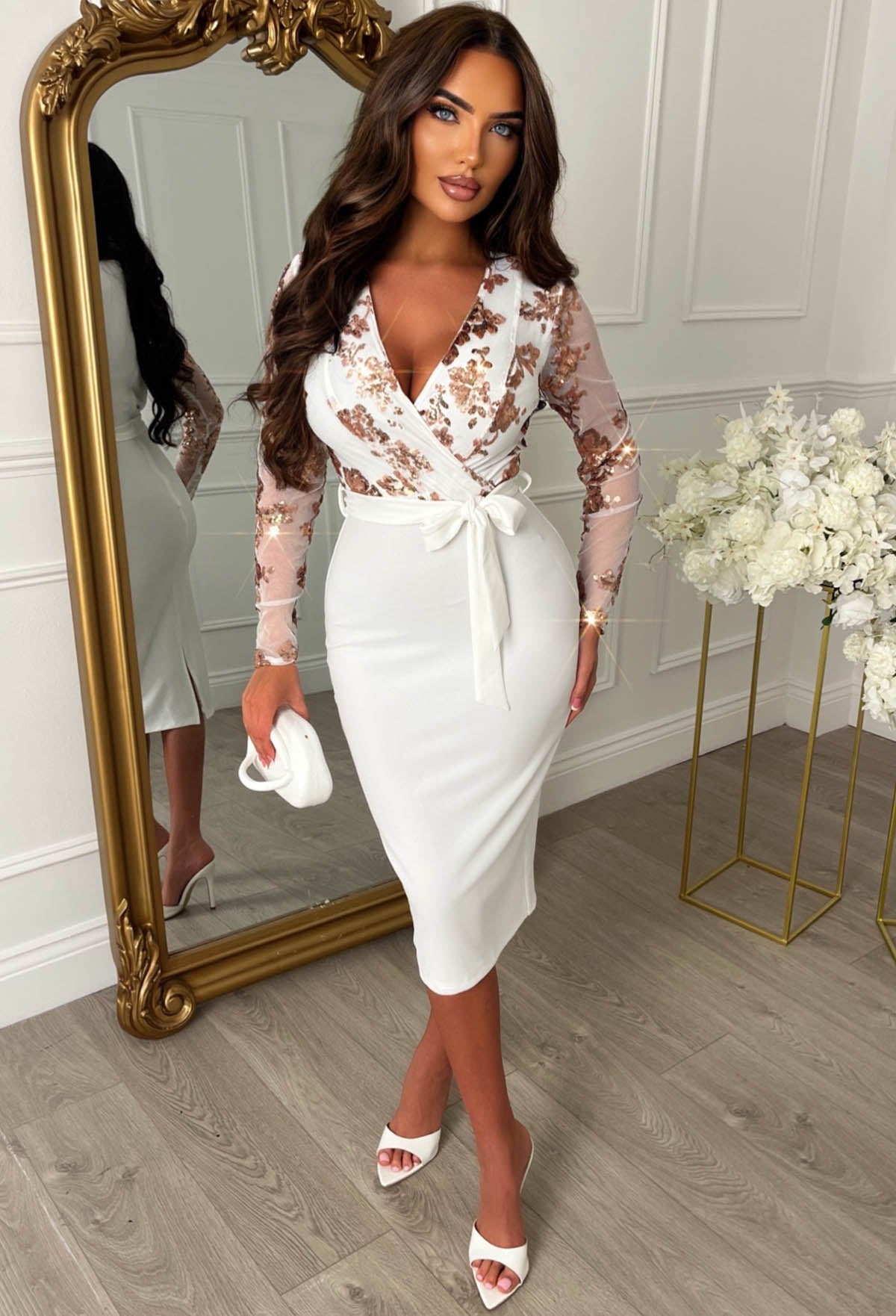 Celebrity Scandal White Sequin Long Sleeve Midi Dress