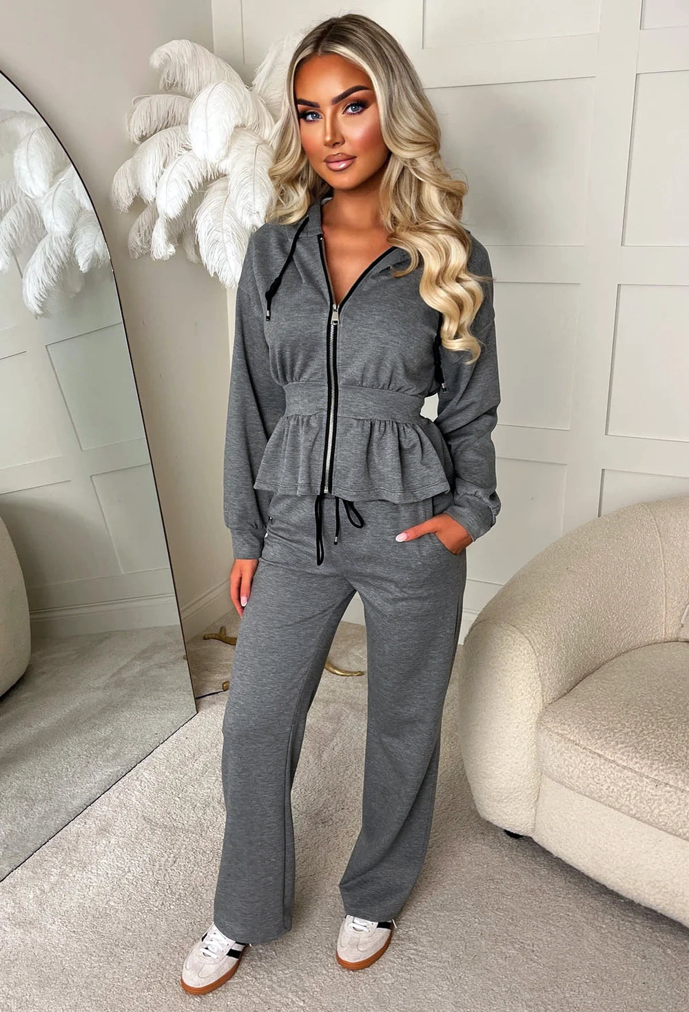 Celeste Chic Grey Peplum Loungewear Co-Ord Set