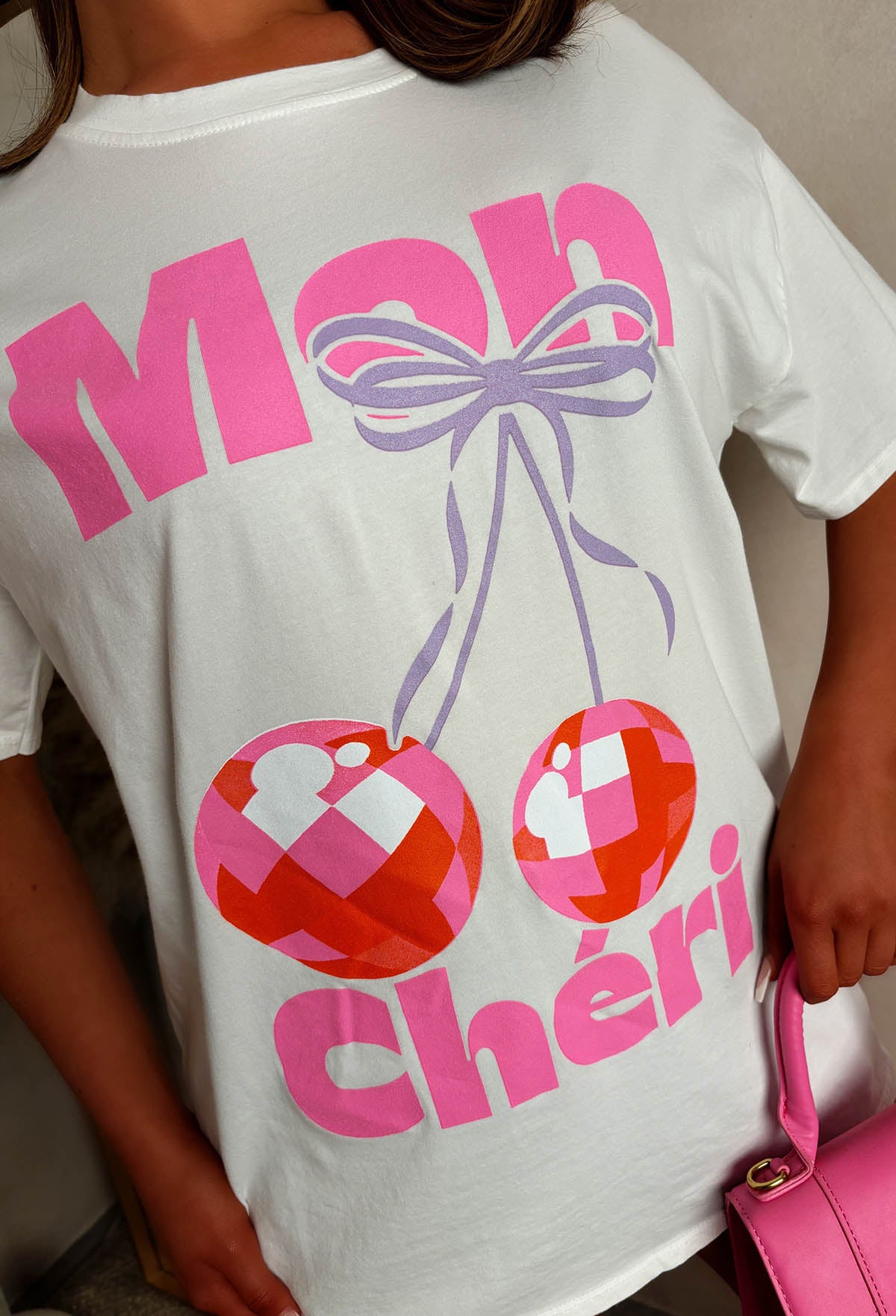 White Oversized Printed Tee Close Up Cherry Print Detail