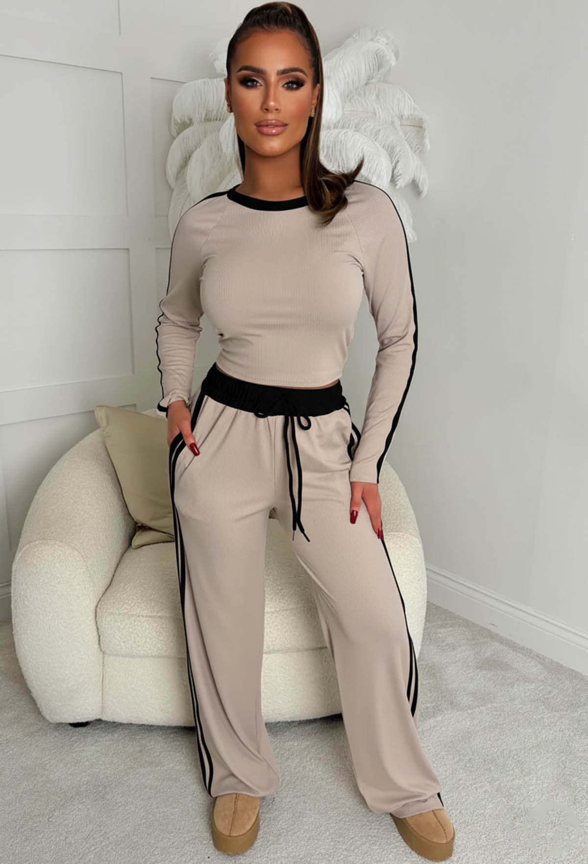 Chic And Cosy Beige With Black Side Stripe Loungewear Set