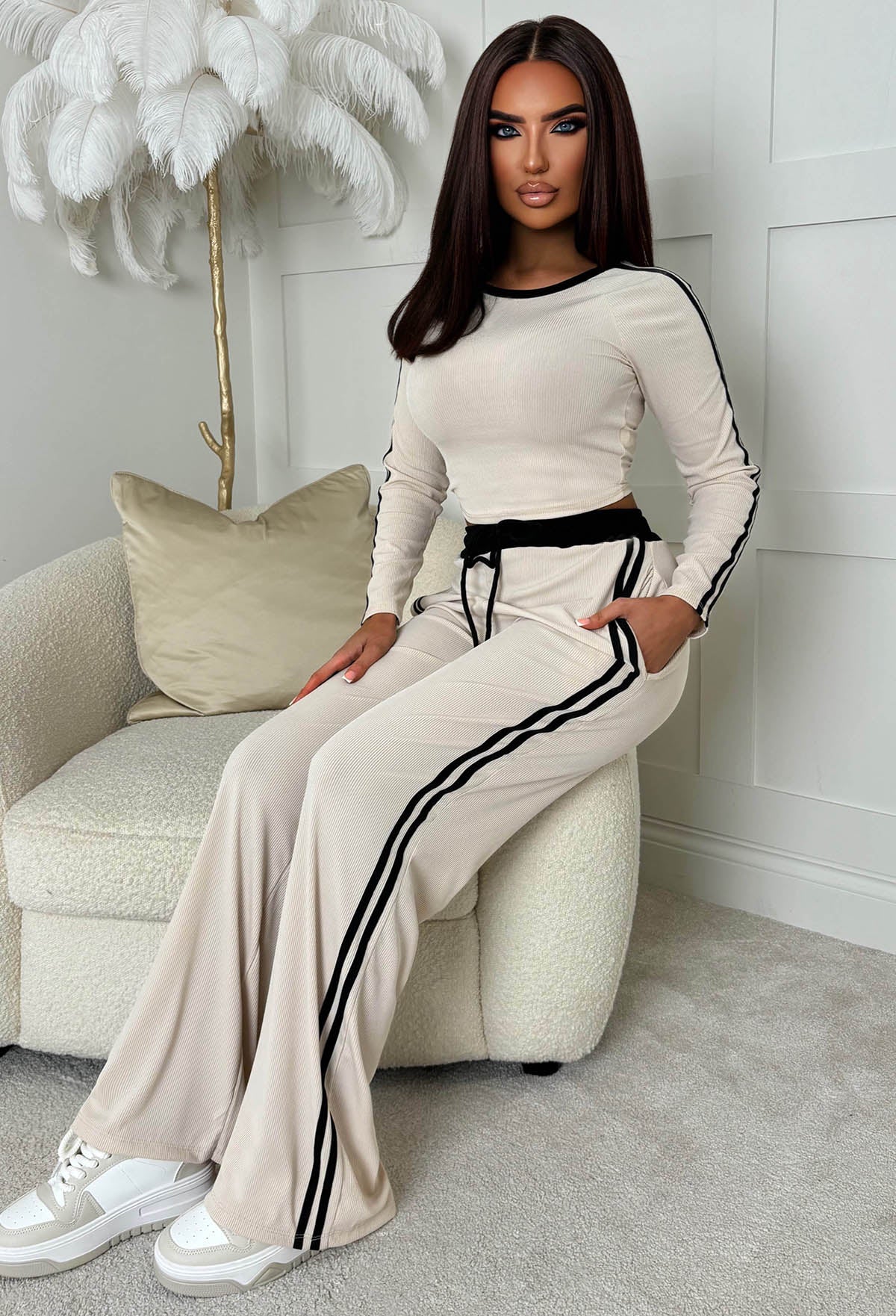 Chic And Cosy Stone Black Side Stripe Loungewear Set