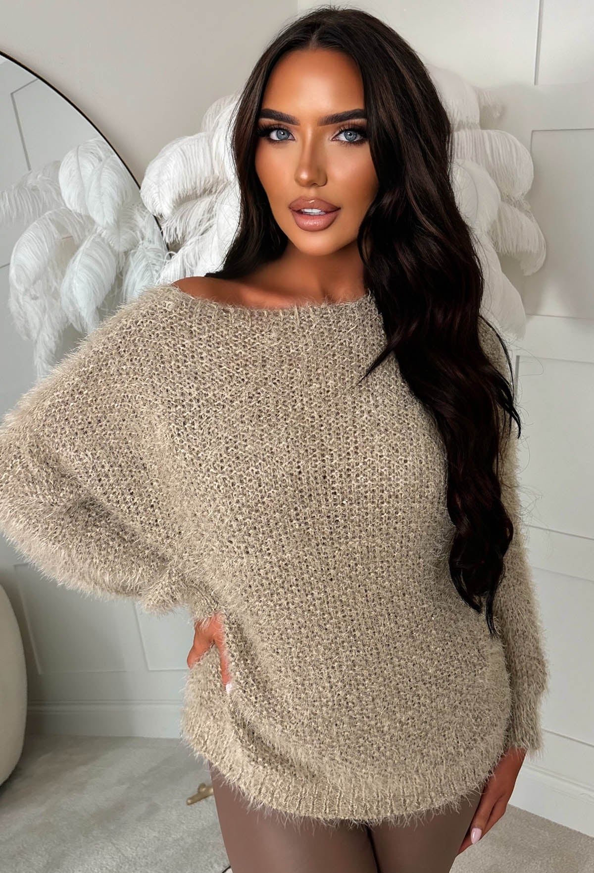 Chic & Cosy Beige Oversized Sequin Jumper