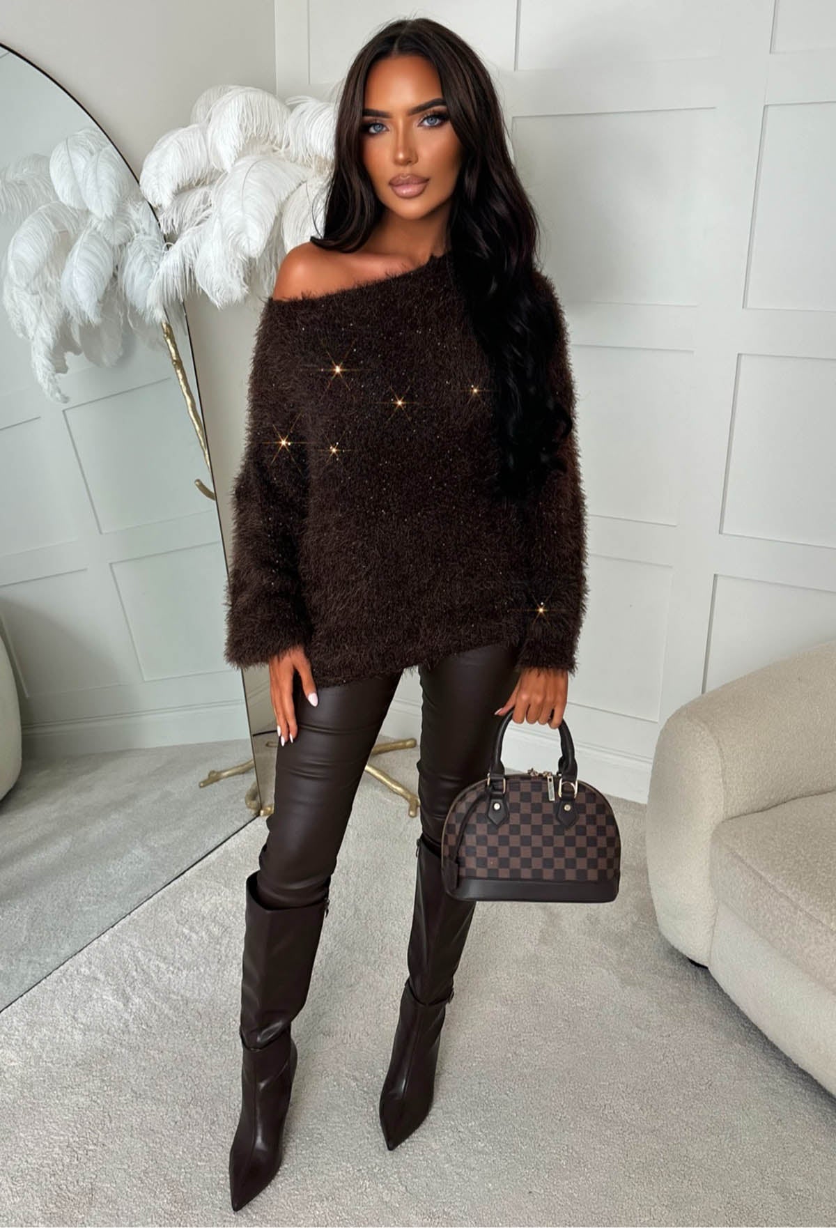 Chic & Cosy Brown Oversized Sequin Jumper