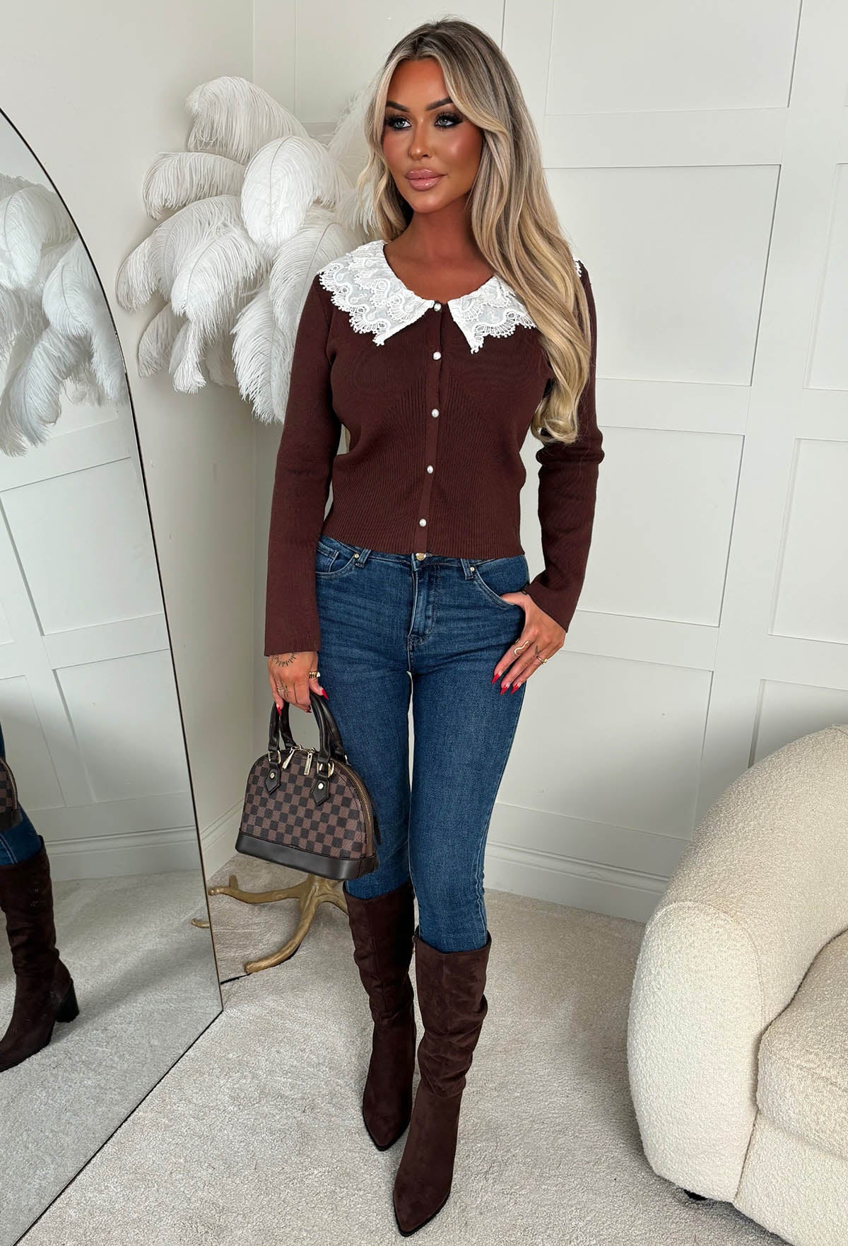 Chic Dreamer Brown Lace Collared Cardigan