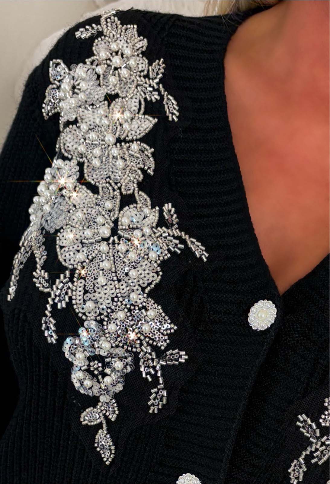 Chic Glamour Black Embellished Knit Cardigan