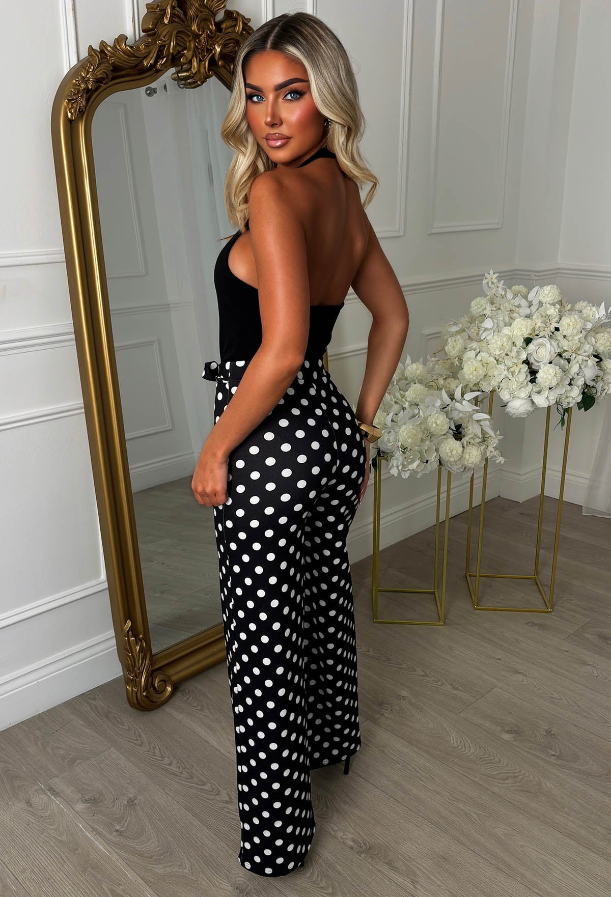Black Halterneck Bodysuit & Polka Dot Trouser Co-Ord Set Back
