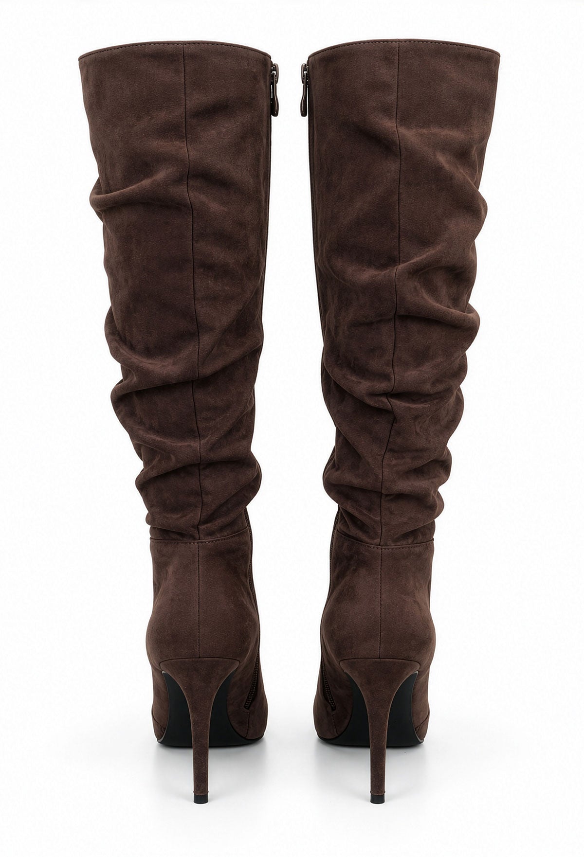 Brown ruched knee high faux suede boots with pointed toe and high stiletto heel.