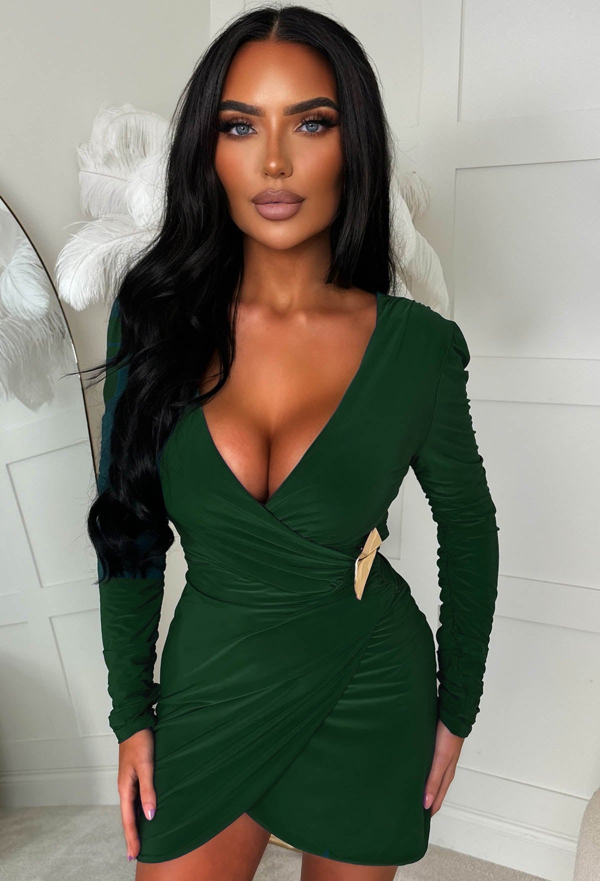 City Girl Green Gold Button Wrap Front Mini Dress