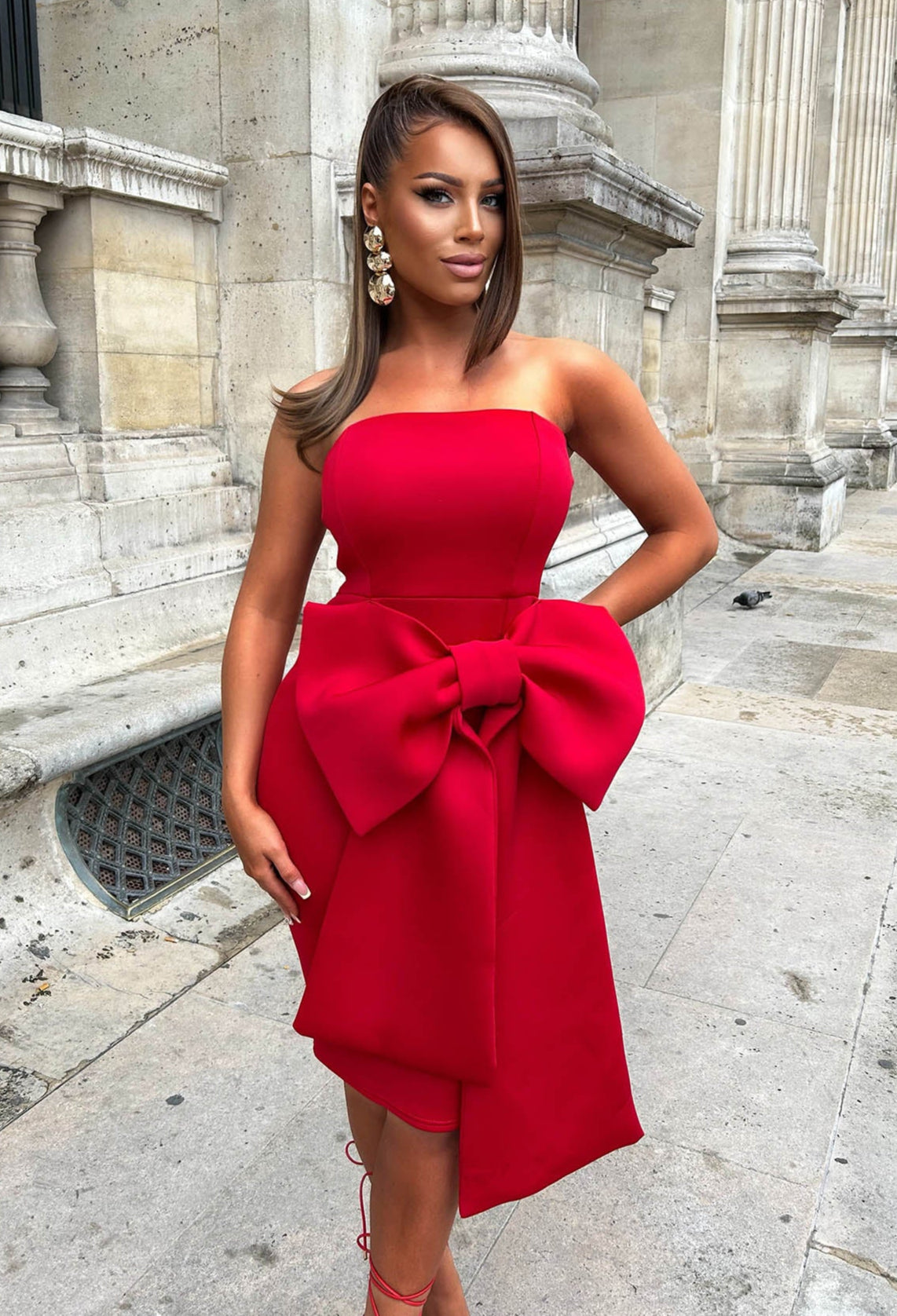 Classy Dream Red Bandeau Bow Skirt Midi Dress