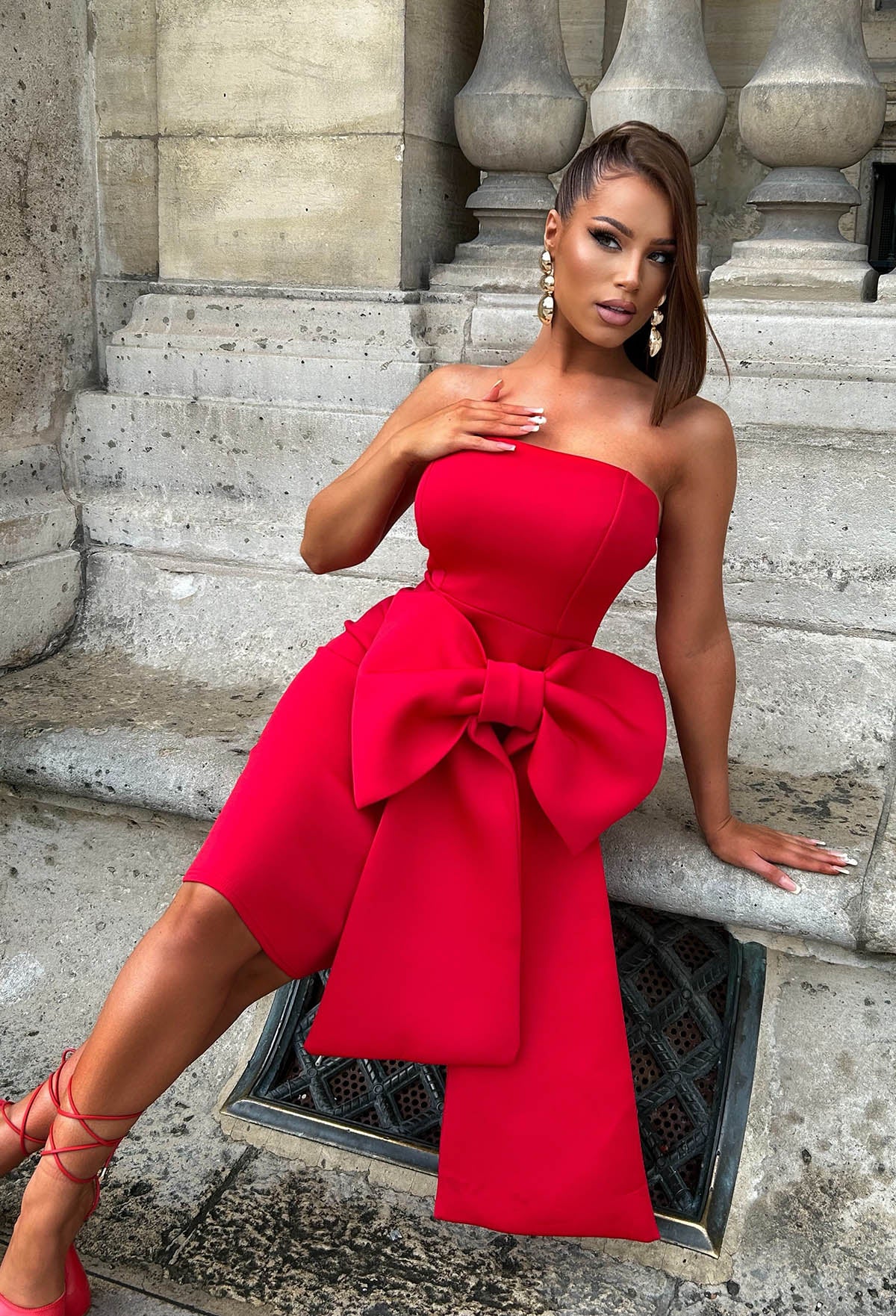 Classy Dream Red Bandeau Bow Skirt Midi Dress