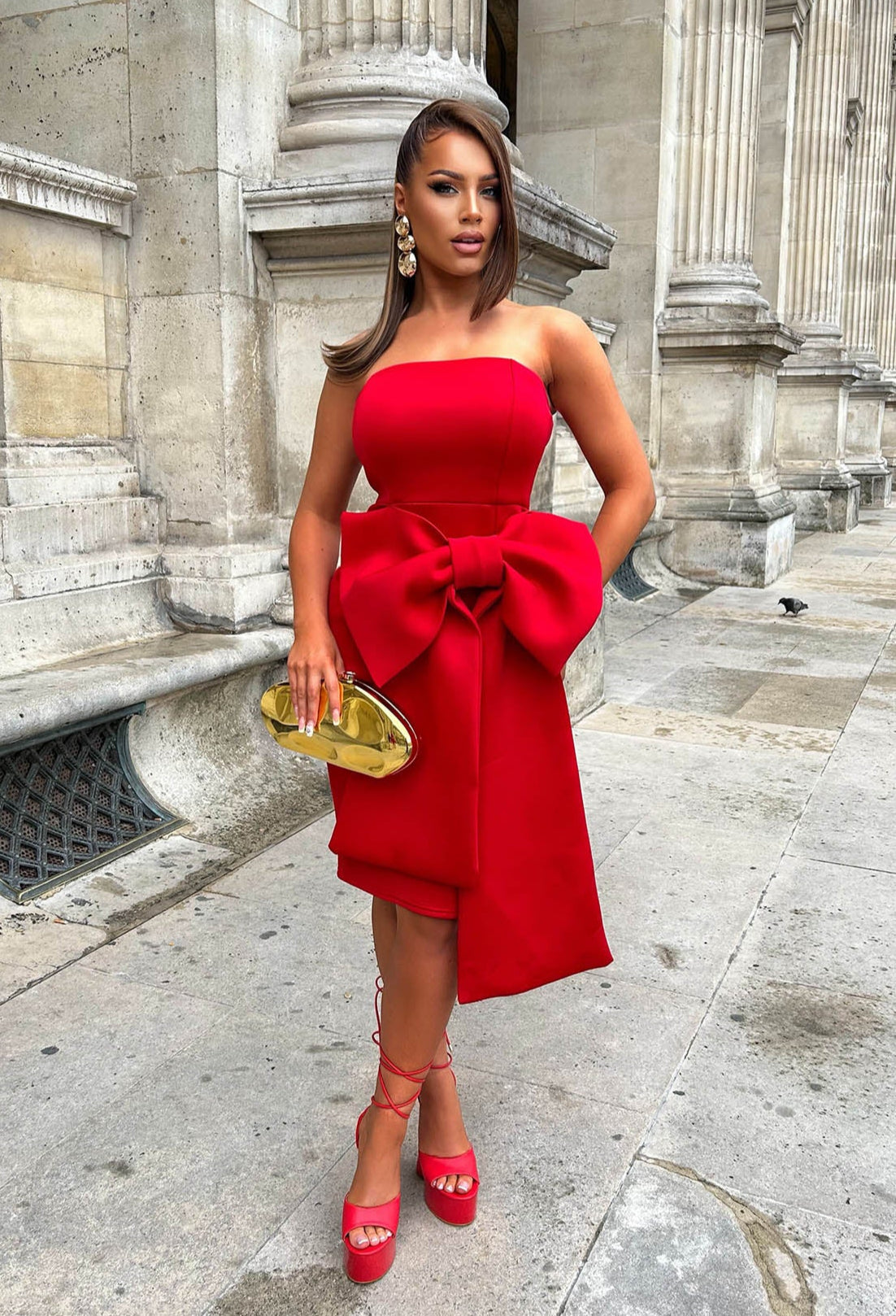 Classy Dream Red Bandeau Bow Skirt Midi Dress