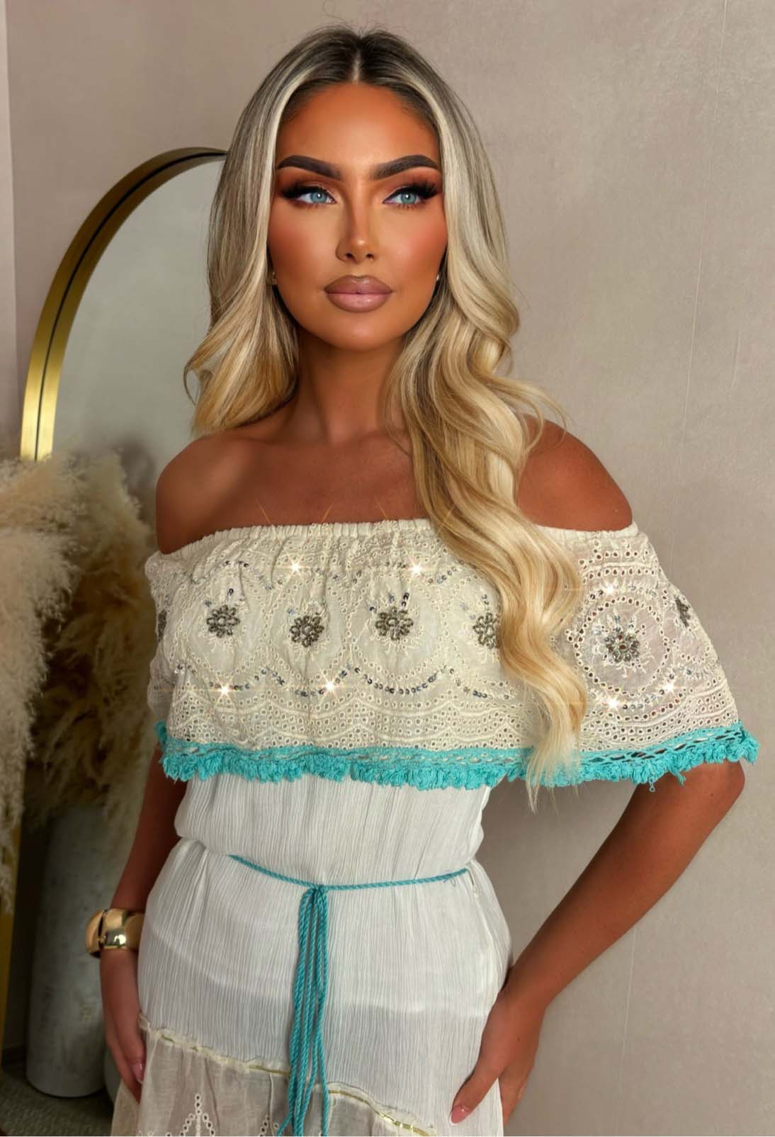 Clover Petal Stone Bardot Boho Chambray Dress