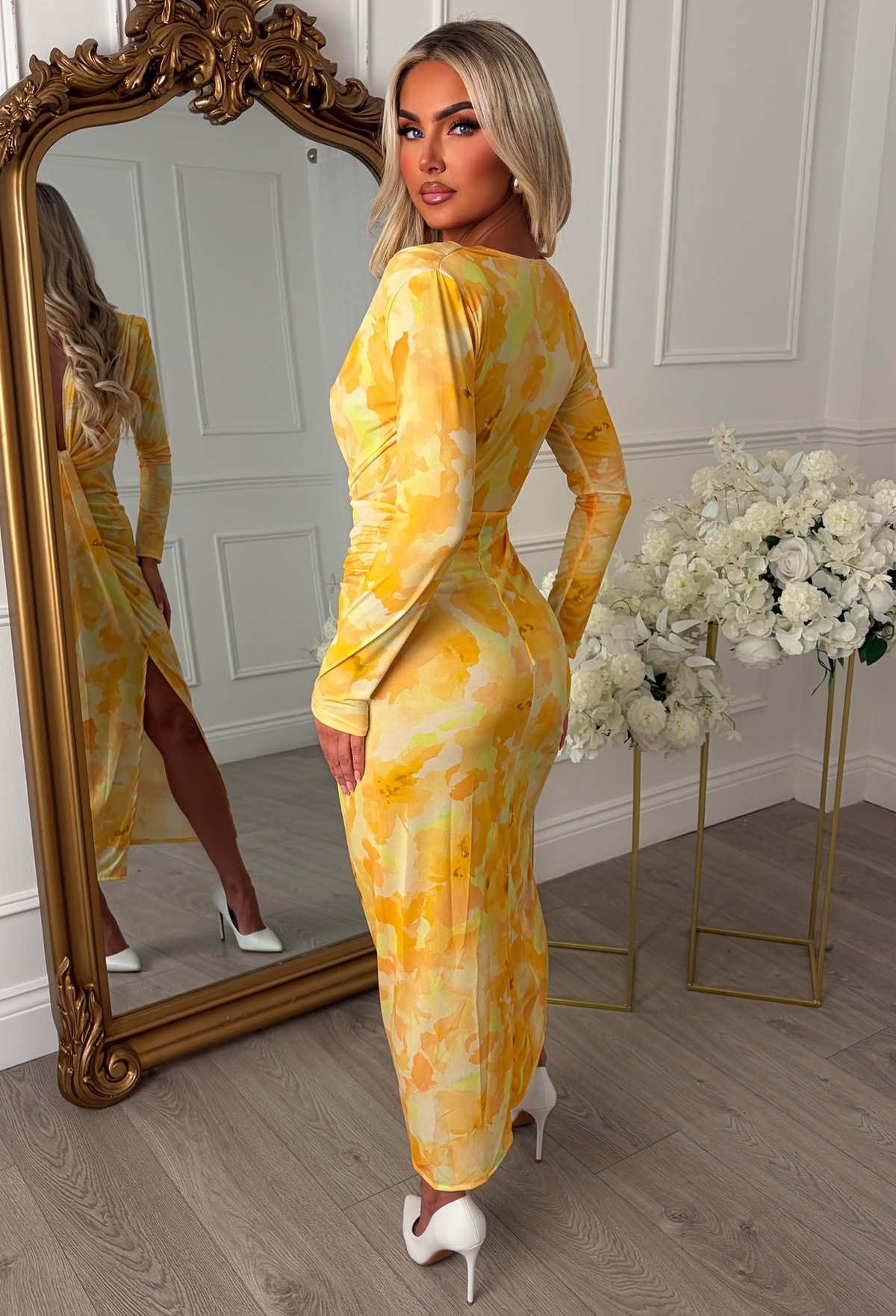Cocktail Chic Lemon Stretch Long Sleeve Plunge Ruched Midi Dress