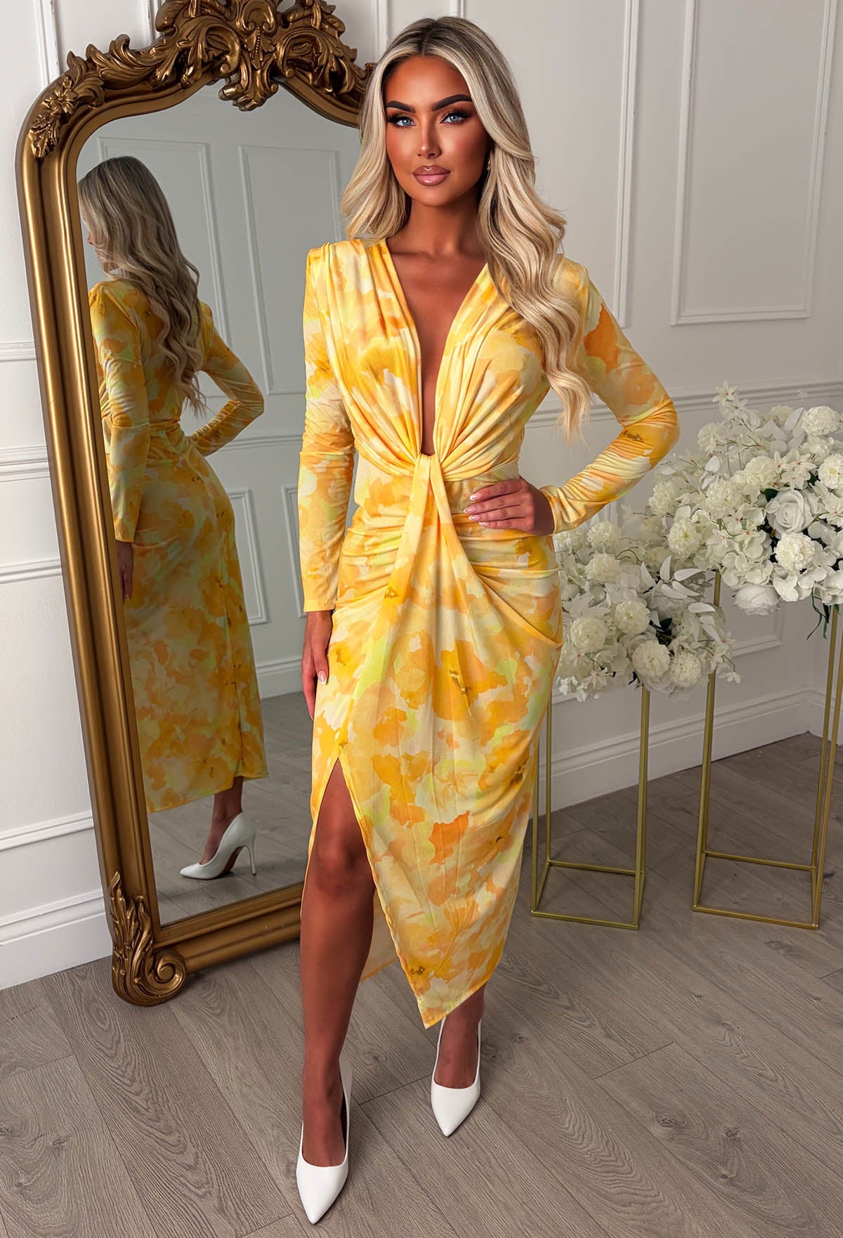 Cocktail Chic Lemon Stretch Long Sleeve Plunge Ruched Midi Dress