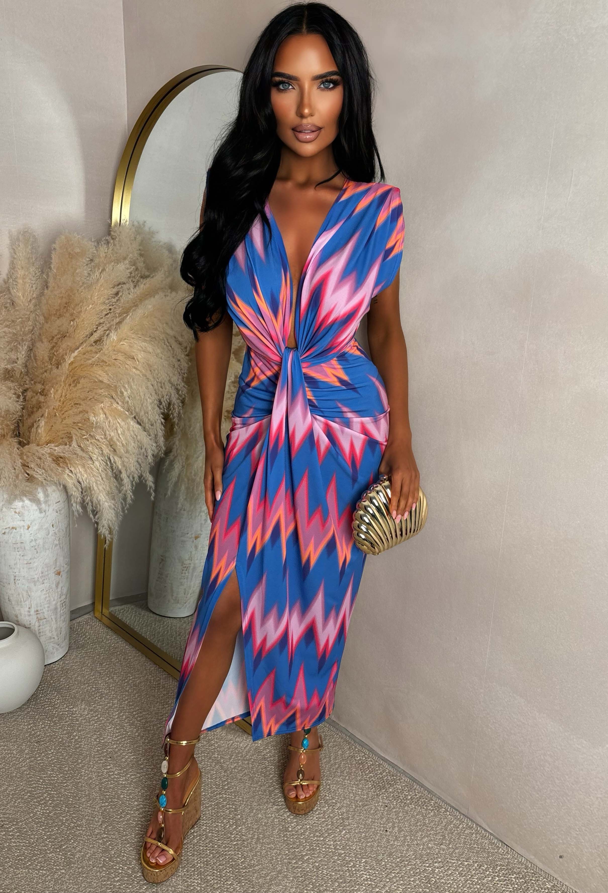 Cocktail Hour Multi Zig Zag Print Sleeveless Plunge Ruched Midi Dress