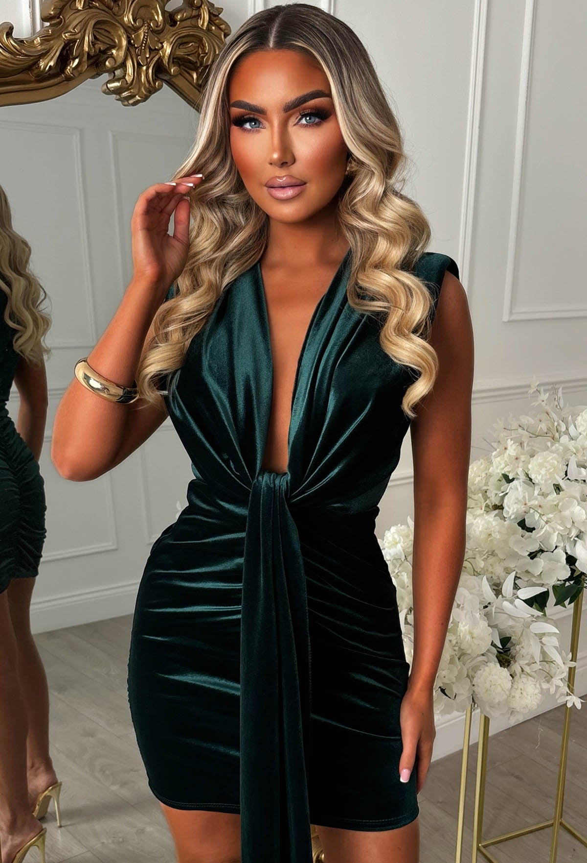 Cocktail Diva Green Velvet Sleeveless Plunge Ruched Mini Dress