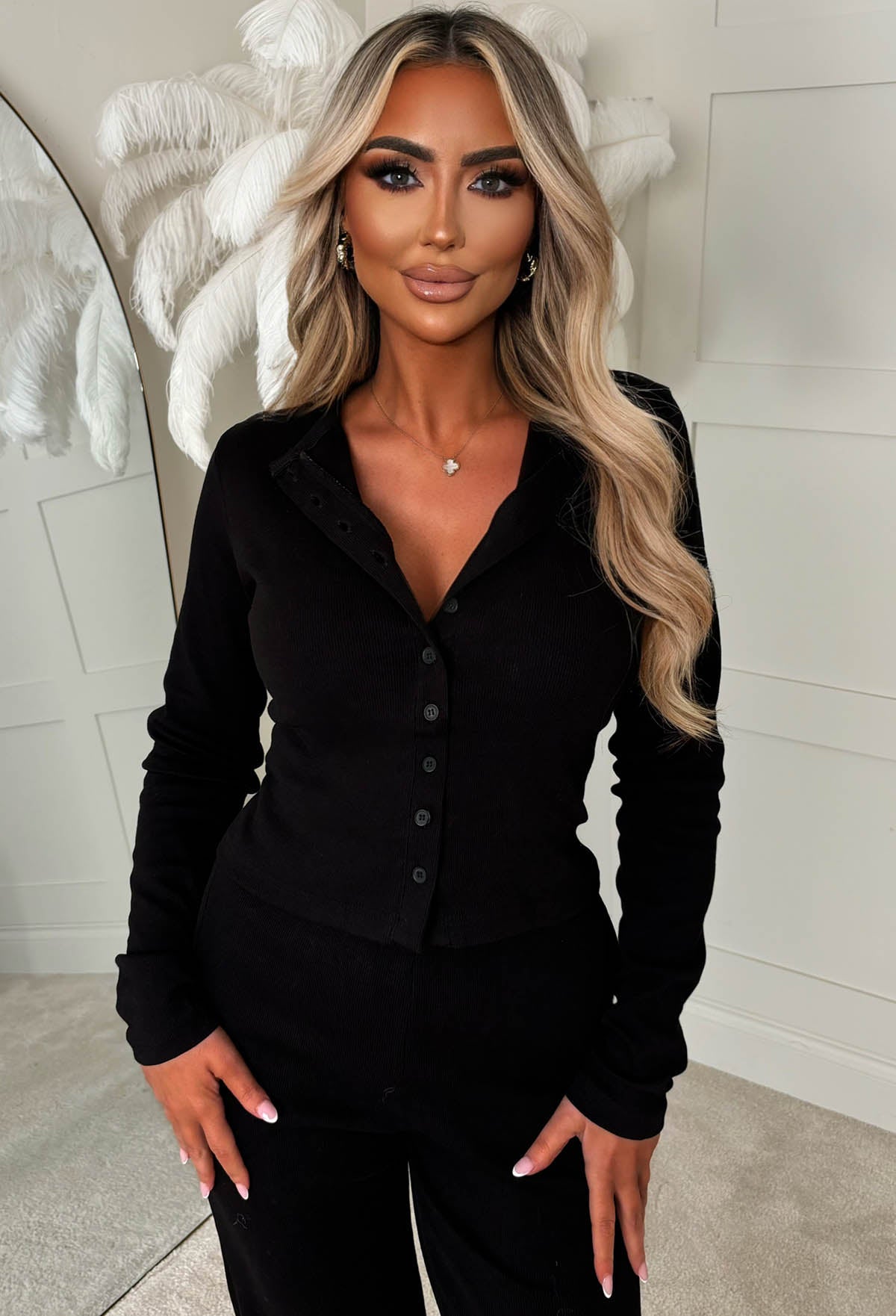 Comfort Me Black Ribbed Long Sleeve Co-ord Set