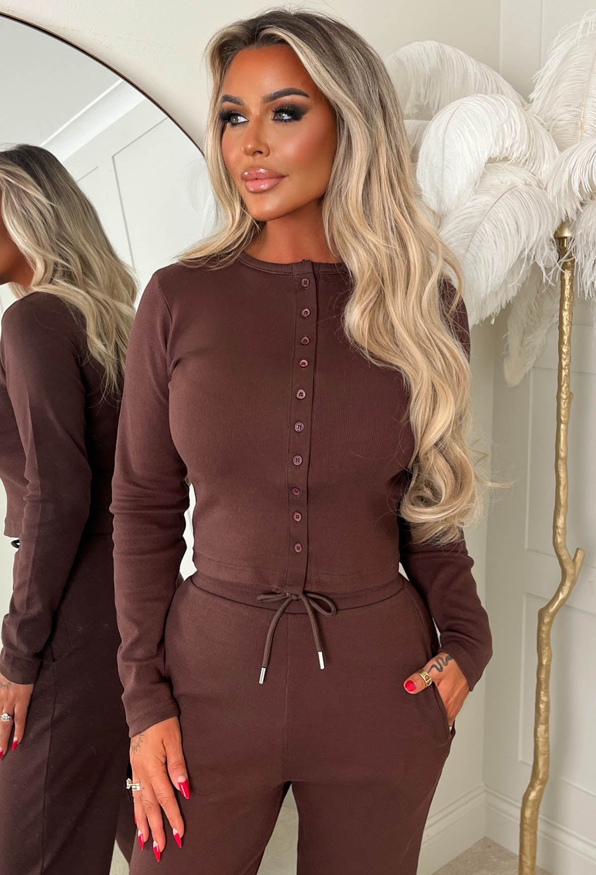 Comfort Me Chocolate Brown Ribbed Long Sleeve Co-ord Set